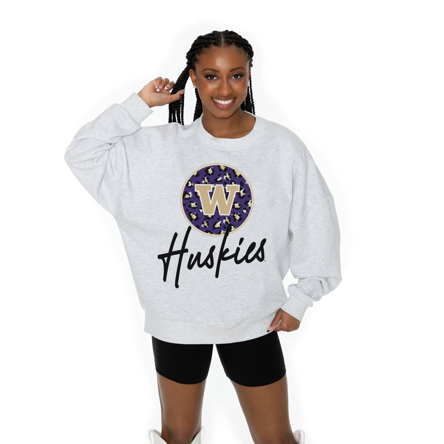 WASHINGTON HUSKIES GOING WILD LONG SLEEVE UNISEX FIT PREMIUM FLEECE CREWNECK SWEATSHIRT WITH RIBBED KNIT NECKLINE, WRIST, AND WAISTBAND - The Club
