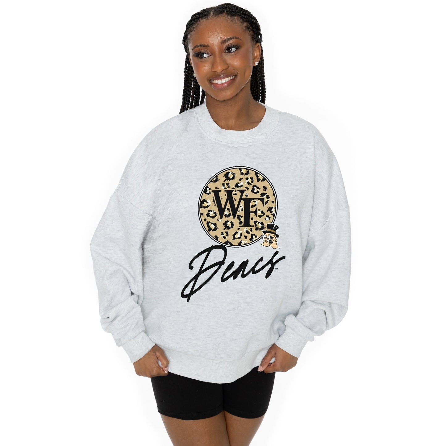 WAKE FOREST DEMON DEACONS GOING WILD LONG SLEEVE UNISEX FIT PREMIUM FLEECE CREWNECK SWEATSHIRT WITH RIBBED KNIT NECKLINE, WRIST, AND WAISTBAND