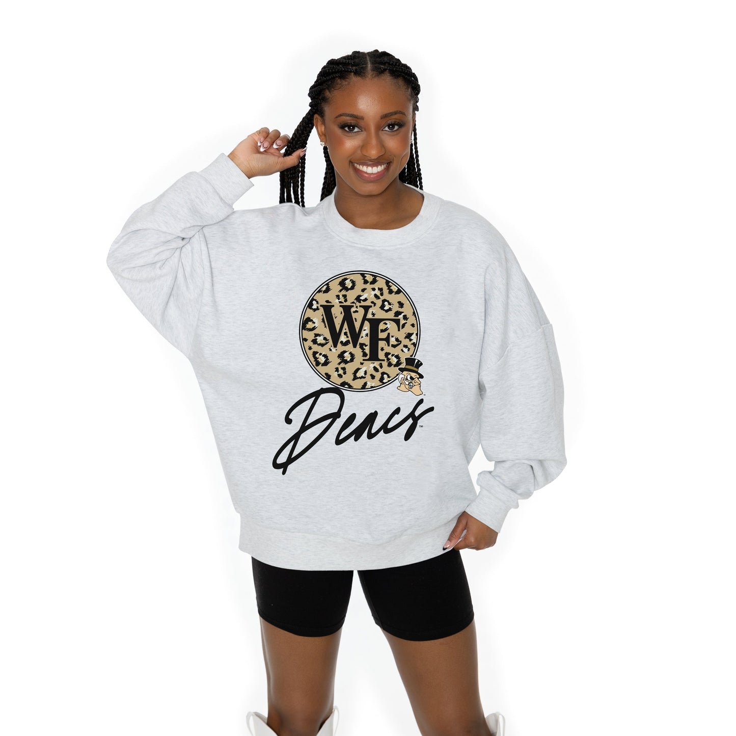 WAKE FOREST DEMON DEACONS GOING WILD LONG SLEEVE UNISEX FIT PREMIUM FLEECE CREWNECK SWEATSHIRT WITH RIBBED KNIT NECKLINE, WRIST, AND WAISTBAND