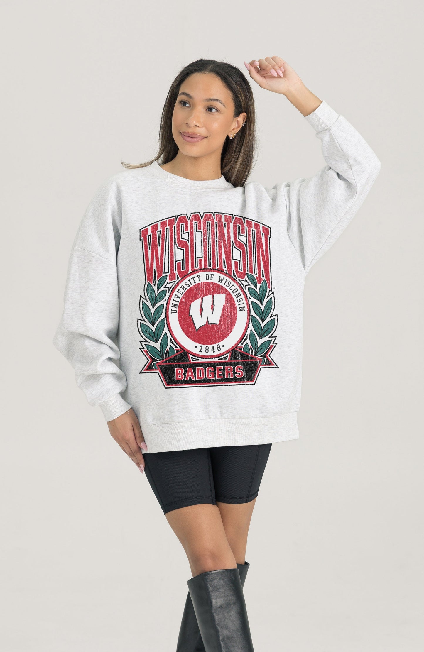 WISCONSIN BADGERS HERITAGE PREMIUM FLEECE DROP SHOULDER CREWNECK PULLOVER