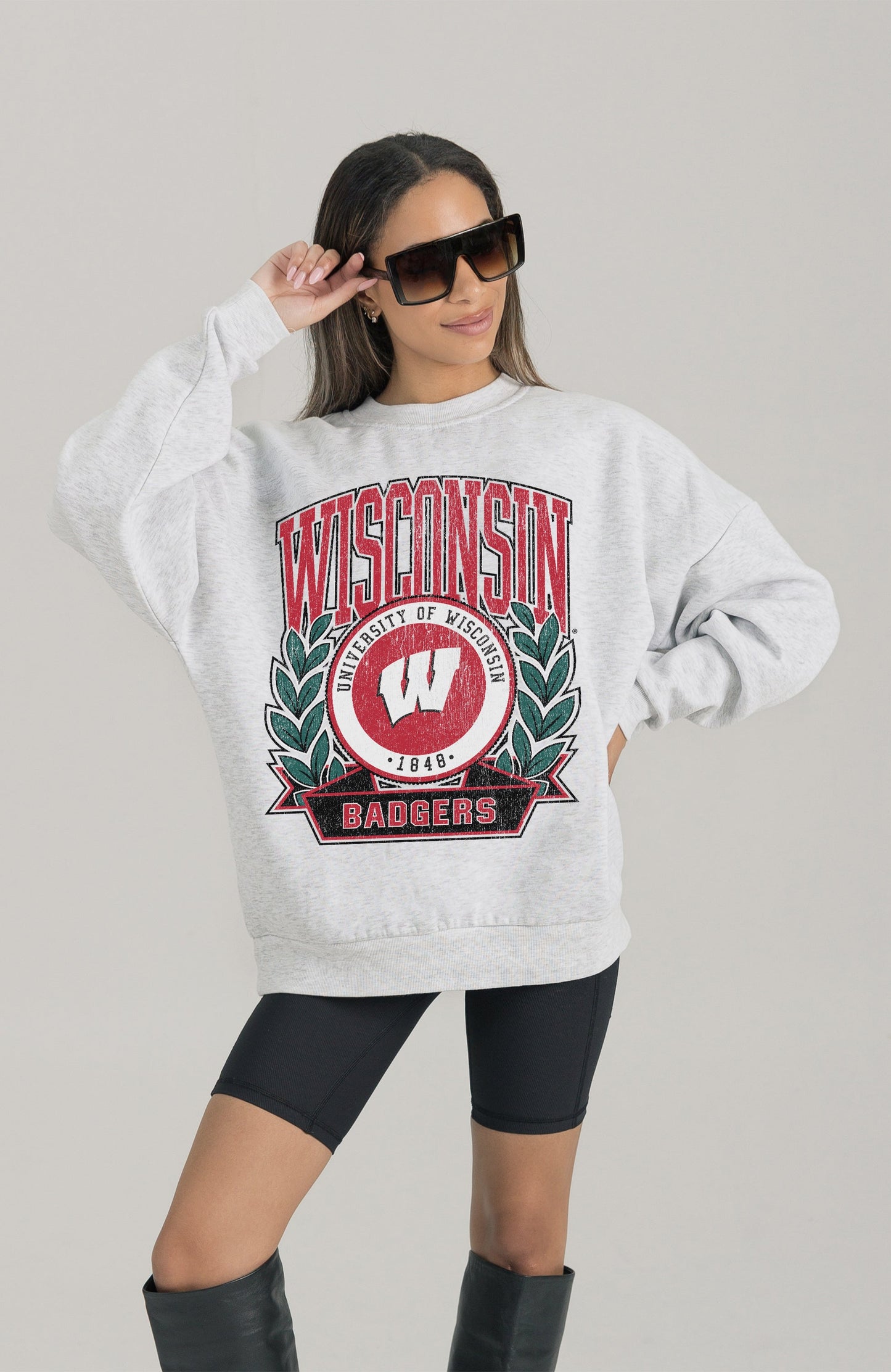 WISCONSIN BADGERS HERITAGE PREMIUM FLEECE DROP SHOULDER CREWNECK PULLOVER