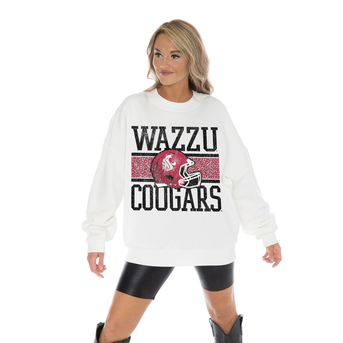 WASHINGTON STATE COUGARS FAIR CATCH LONG SLEEVE UNISEX FIT PREMIUM FLEECE CREWNECK SWEATSHIRT WITH RIBBED KNIT NECKLINE, WRIST, AND WAISTBAND