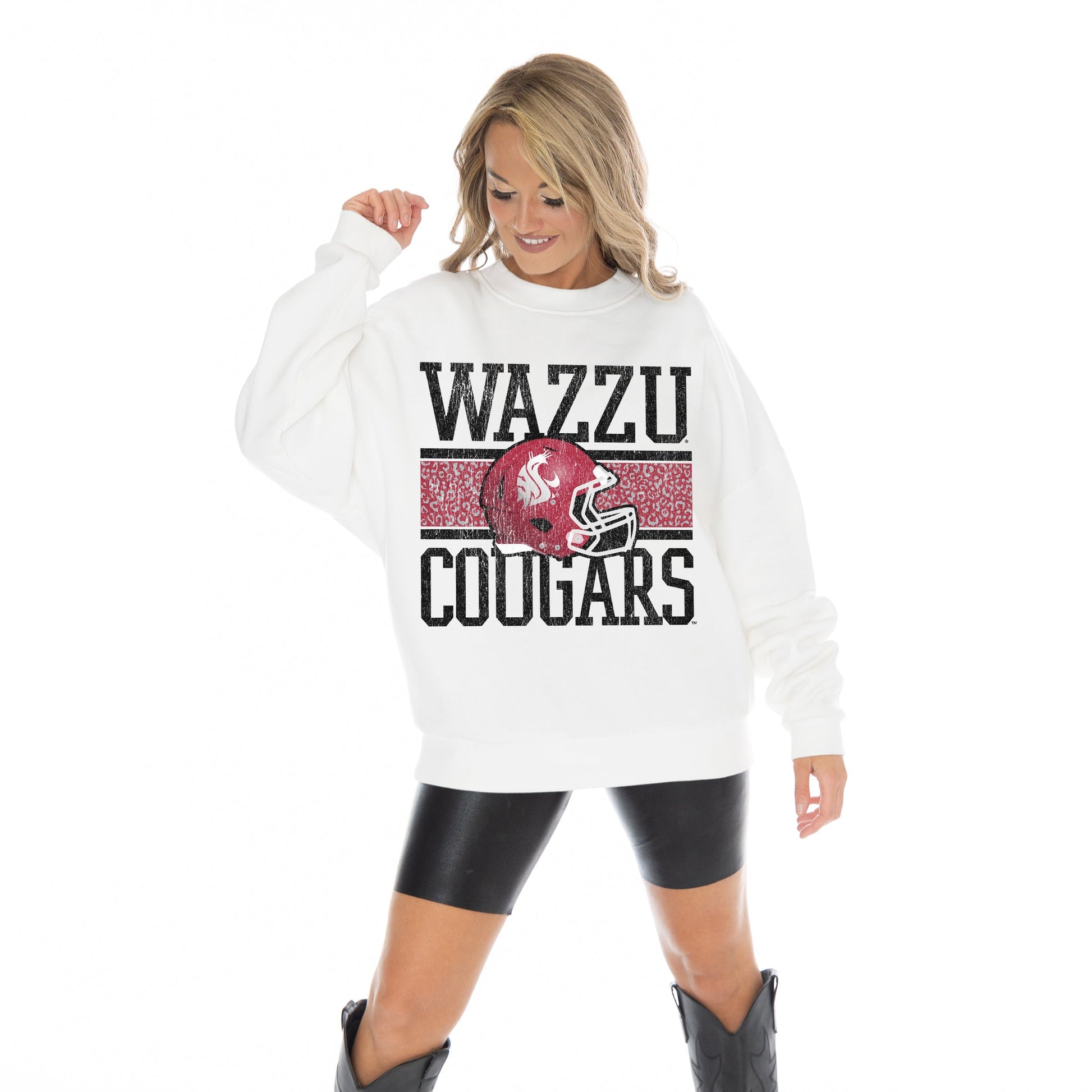 WASHINGTON STATE COUGARS FAIR CATCH LONG SLEEVE UNISEX FIT PREMIUM FLEECE CREWNECK SWEATSHIRT WITH RIBBED KNIT NECKLINE, WRIST, AND WAISTBAND