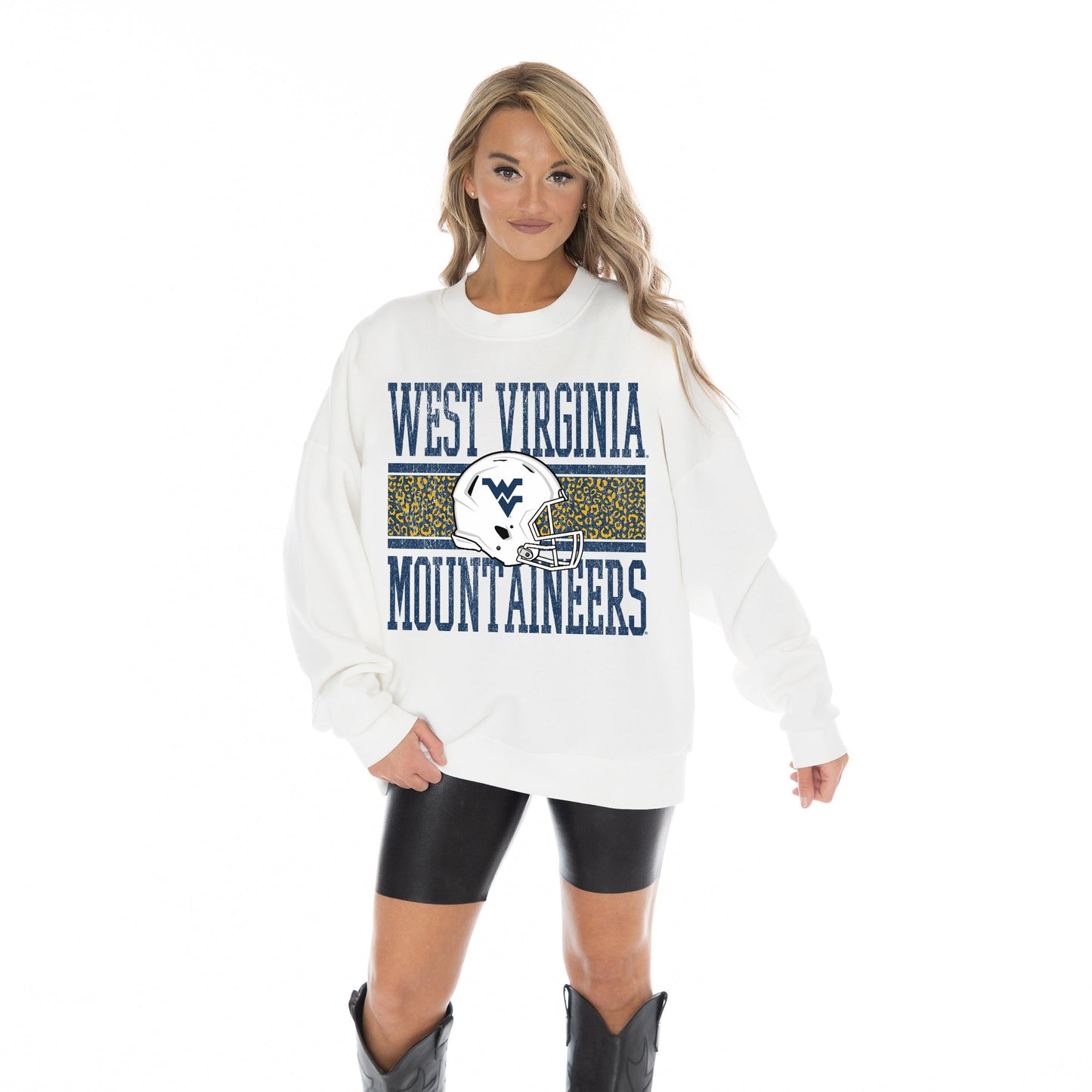 WEST VIRGINIA MOUNTAINEERS FAIR CATCH LONG SLEEVE UNISEX FIT PREMIUM FLEECE CREWNECK SWEATSHIRT WITH RIBBED KNIT NECKLINE, WRIST, AND WAISTBAND