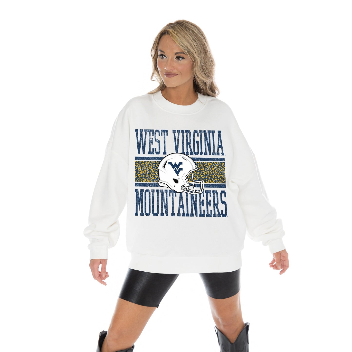 WEST VIRGINIA MOUNTAINEERS FAIR CATCH LONG SLEEVE UNISEX FIT PREMIUM FLEECE CREWNECK SWEATSHIRT WITH RIBBED KNIT NECKLINE, WRIST, AND WAISTBAND