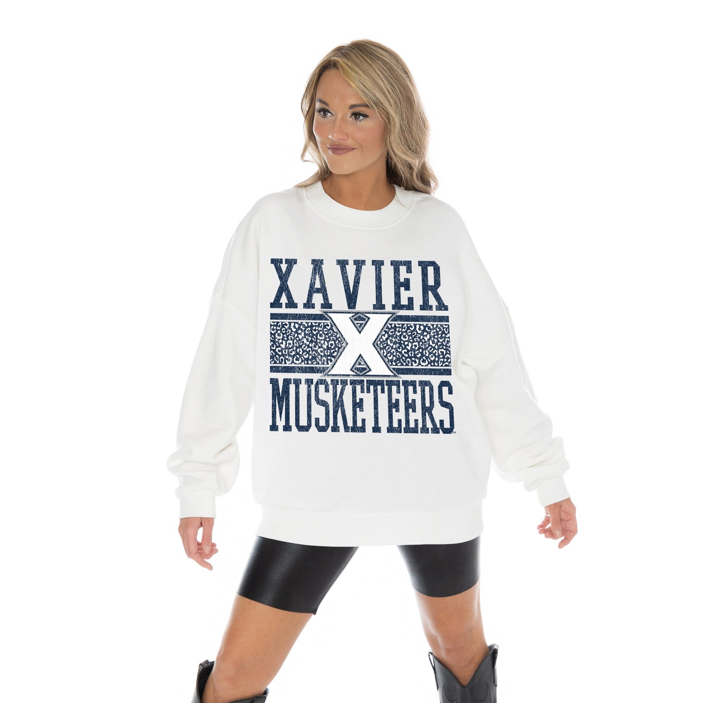 XAVIER MUSKETEERS FAIR CATCH LONG SLEEVE UNISEX FIT PREMIUM FLEECE CREWNECK SWEATSHIRT WITH RIBBED KNIT NECKLINE, WRIST, AND WAISTBAND