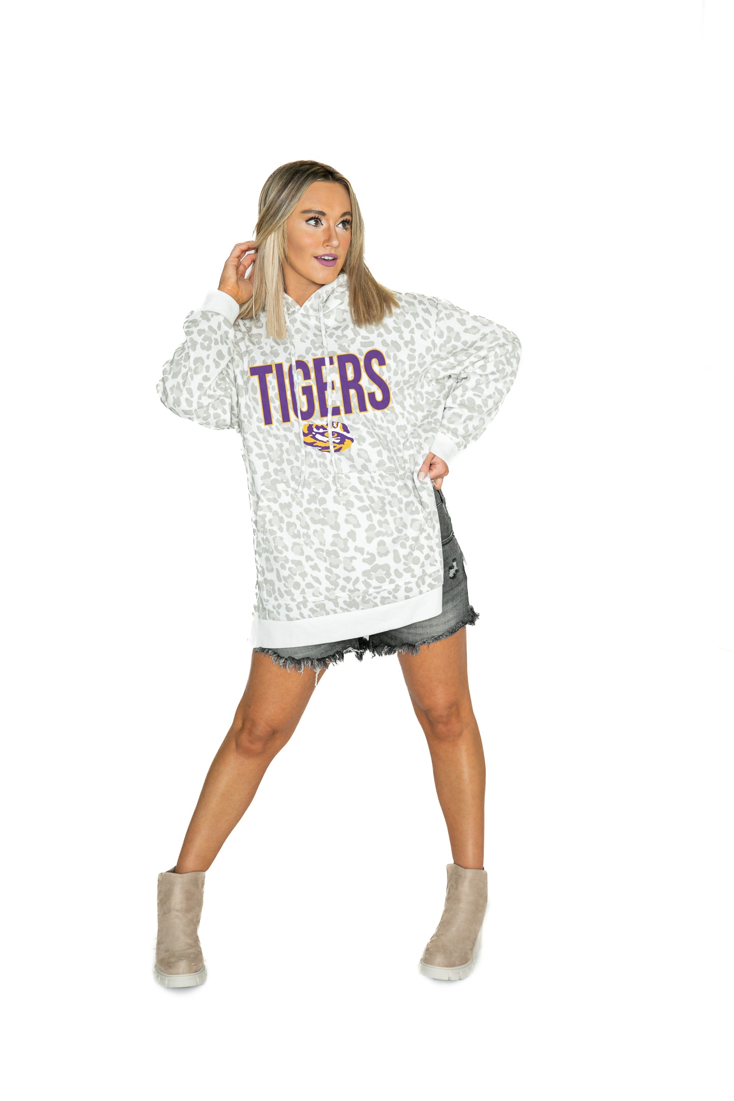 LSU TIGERS FIERCE FAN SIDE SPLIT LEOPARD HOODIE