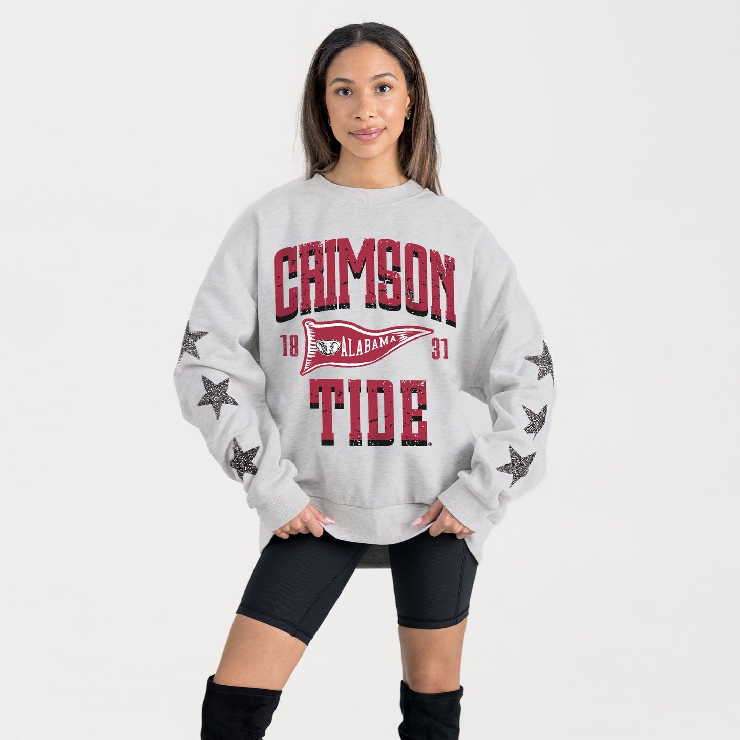 ALABAMA CRIMSON TIDE PENNANT PRIDE EMBELLISHED STAR SLEEVE CREWNECK PULLOVER