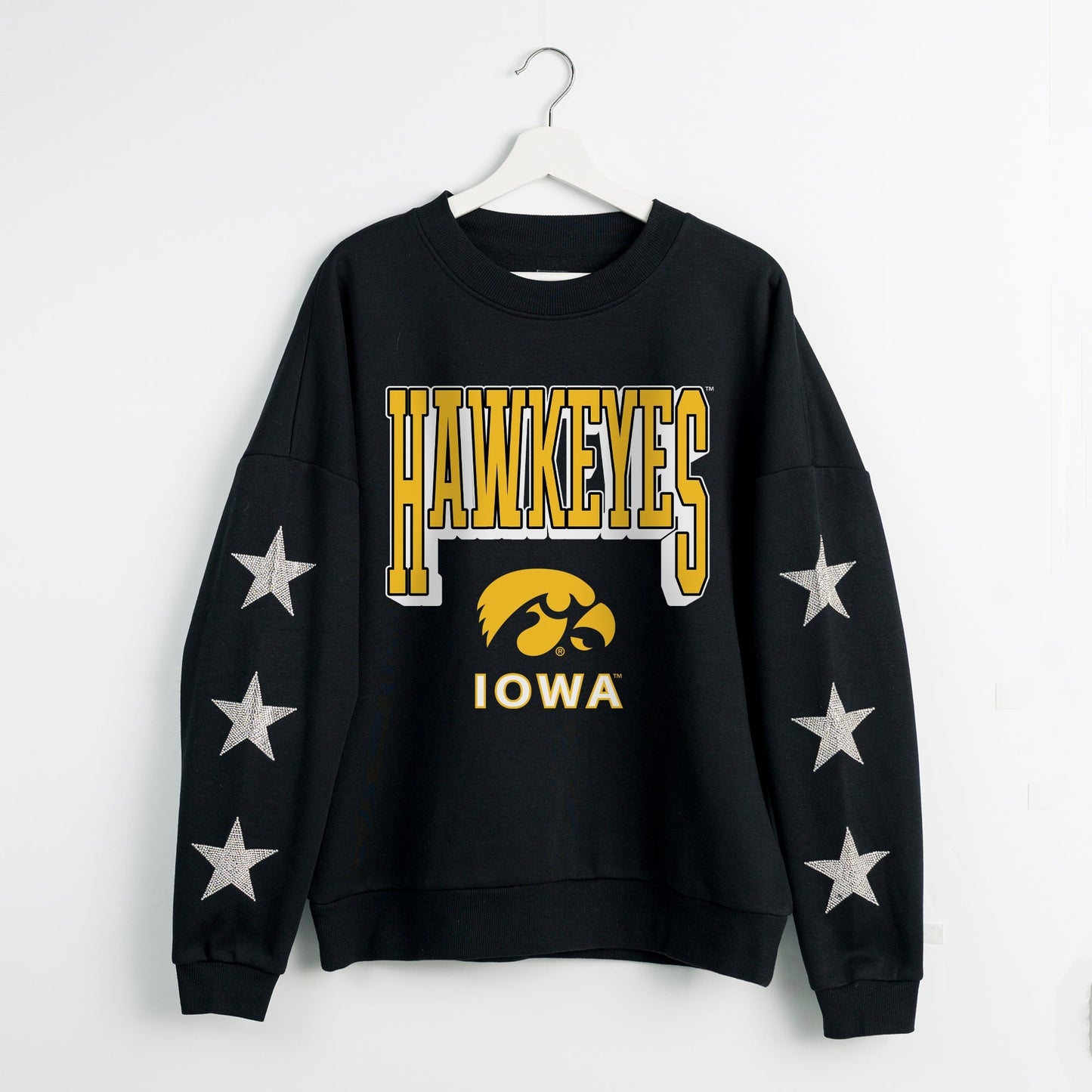 IOWA HAWKEYES PURE VICTORY EMBELLISHED STAR SLEEVE CREWNECK PULLOVER