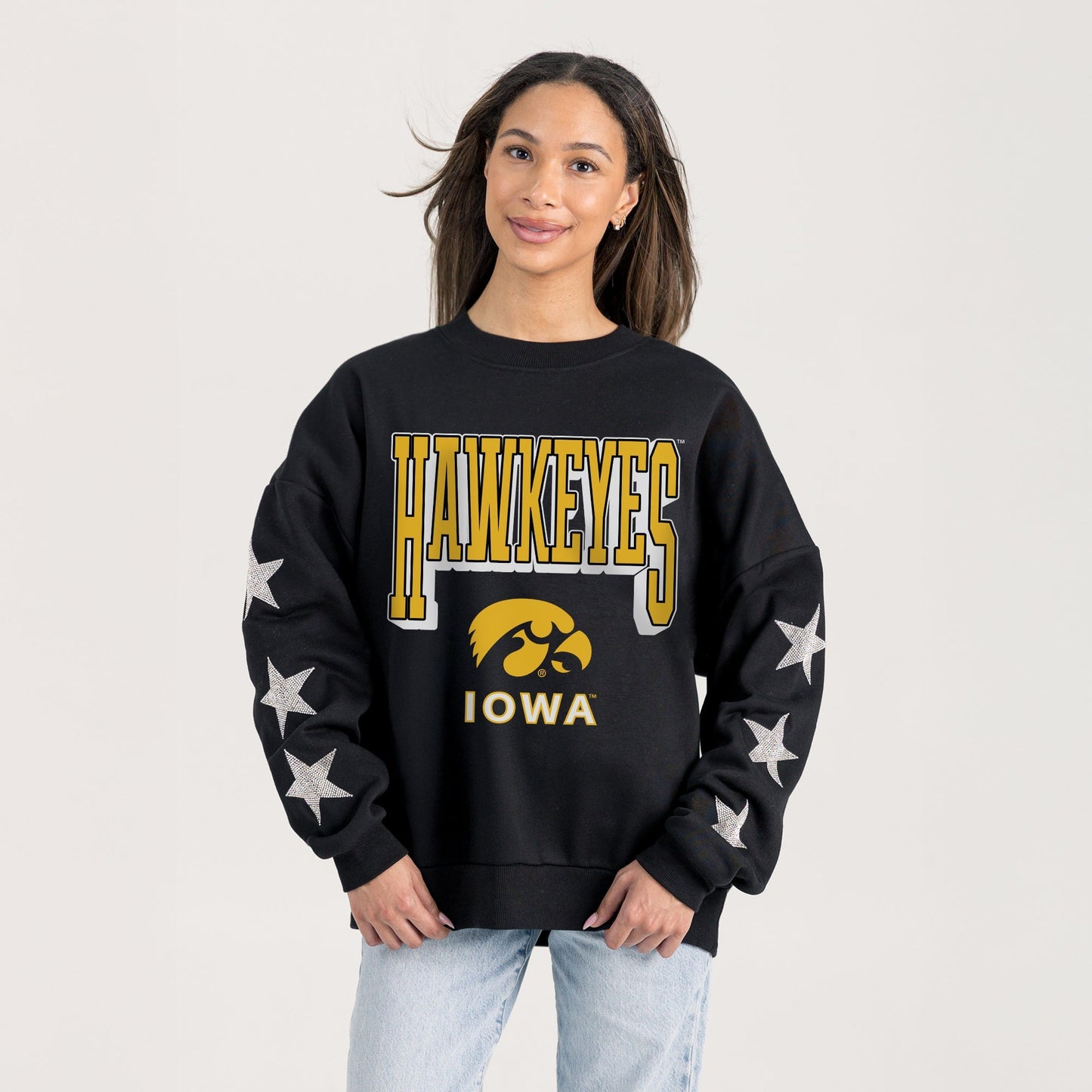 IOWA HAWKEYES PURE VICTORY EMBELLISHED STAR SLEEVE CREWNECK PULLOVER