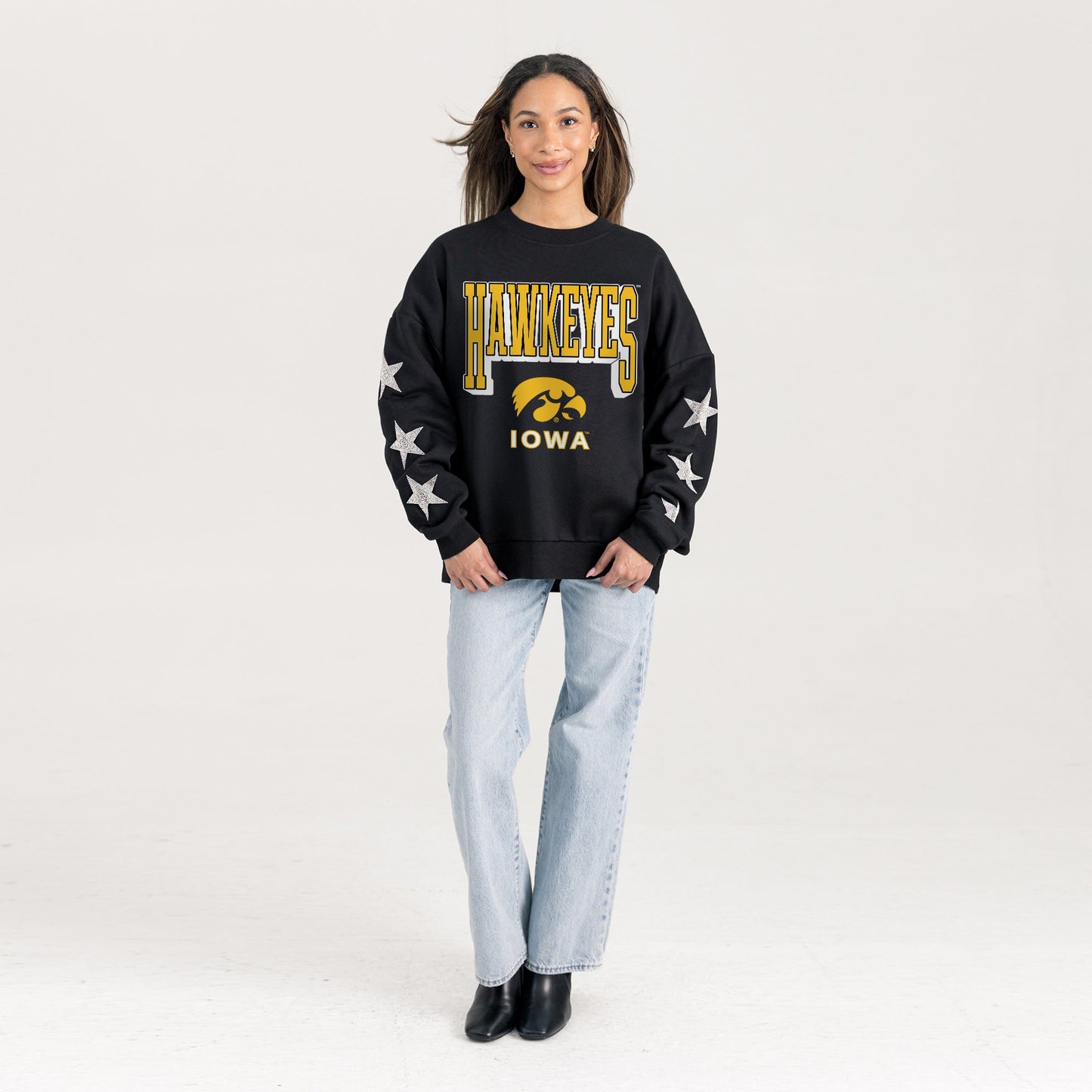 IOWA HAWKEYES PURE VICTORY EMBELLISHED STAR SLEEVE CREWNECK PULLOVER