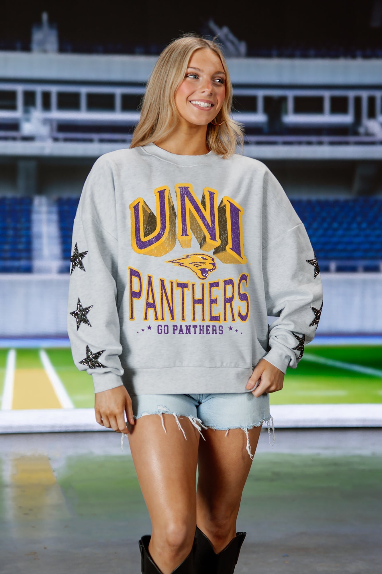 NORTHERN IOWA PANTHERS RESILIENCE STAR EMBELLISHED CREW SWEATSHIRT