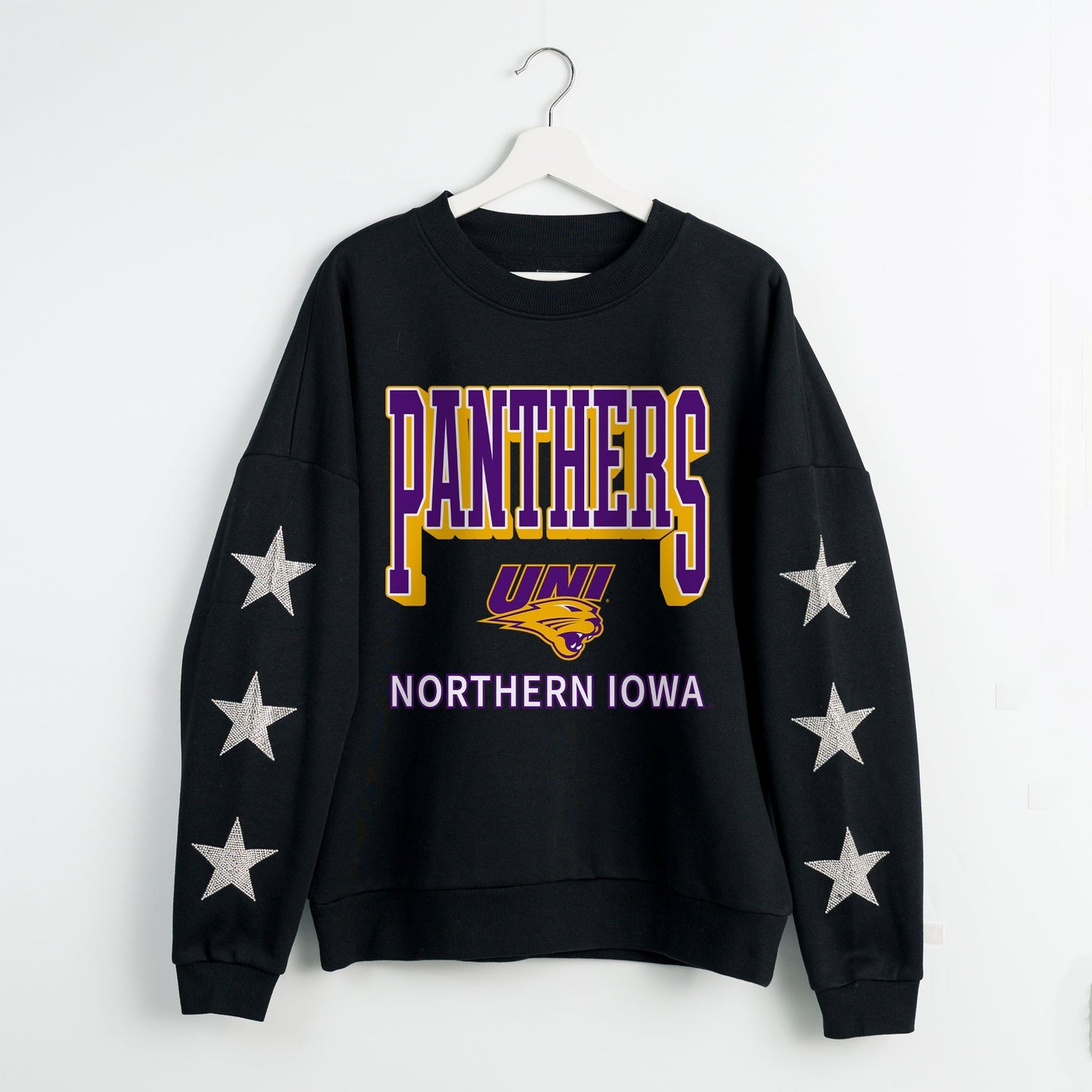 NORTHERN IOWA PANTHERS PURE VICTORY EMBELLISHED STAR SLEEVE CREWNECK PULLOVER