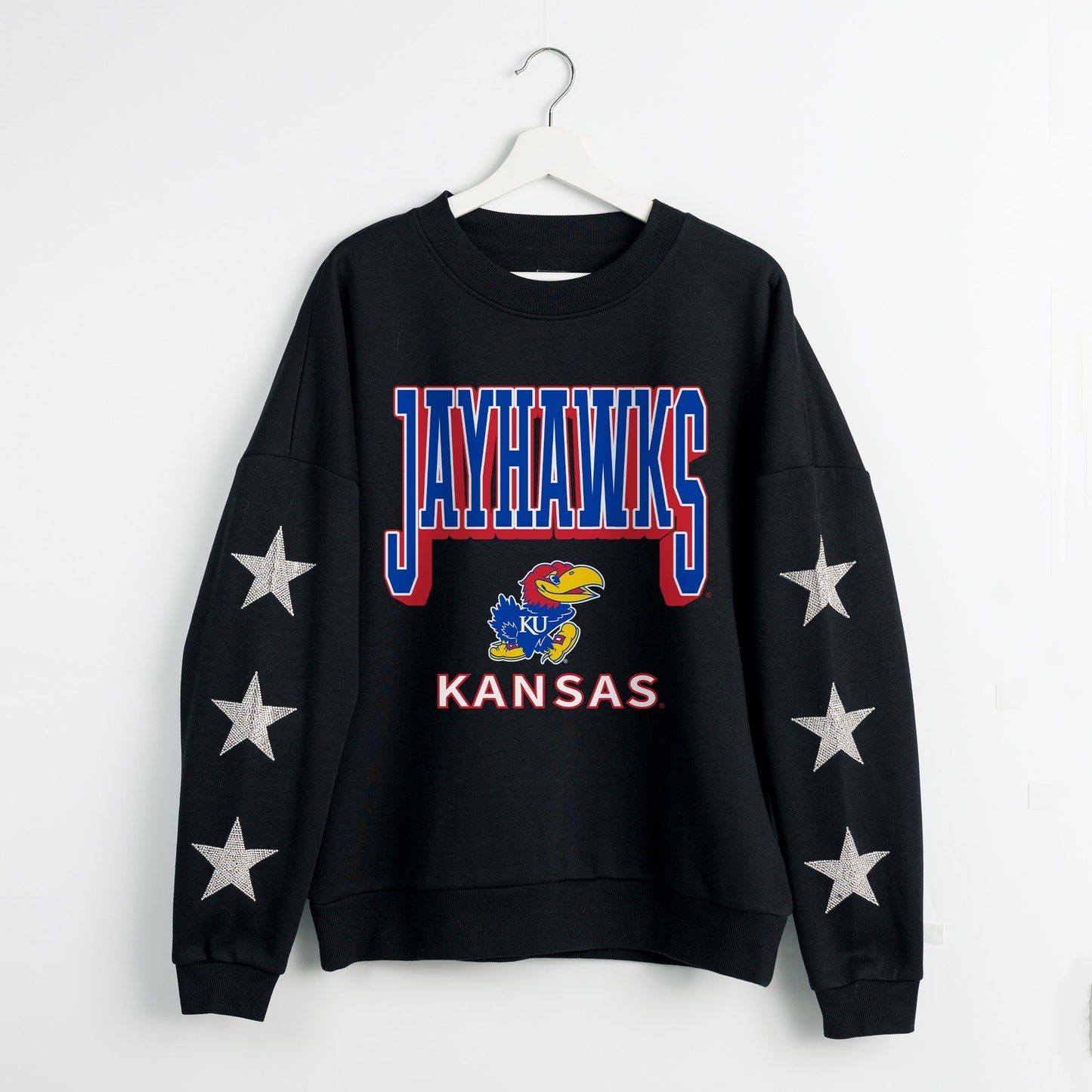 KANSAS JAYHAWKS PURE VICTORY EMBELLISHED STAR SLEEVE CREWNECK PULLOVER