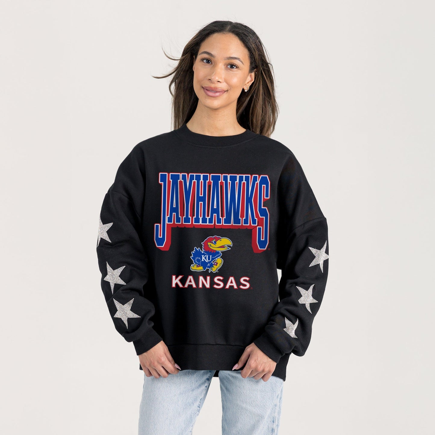 KANSAS JAYHAWKS PURE VICTORY EMBELLISHED STAR SLEEVE CREWNECK PULLOVER
