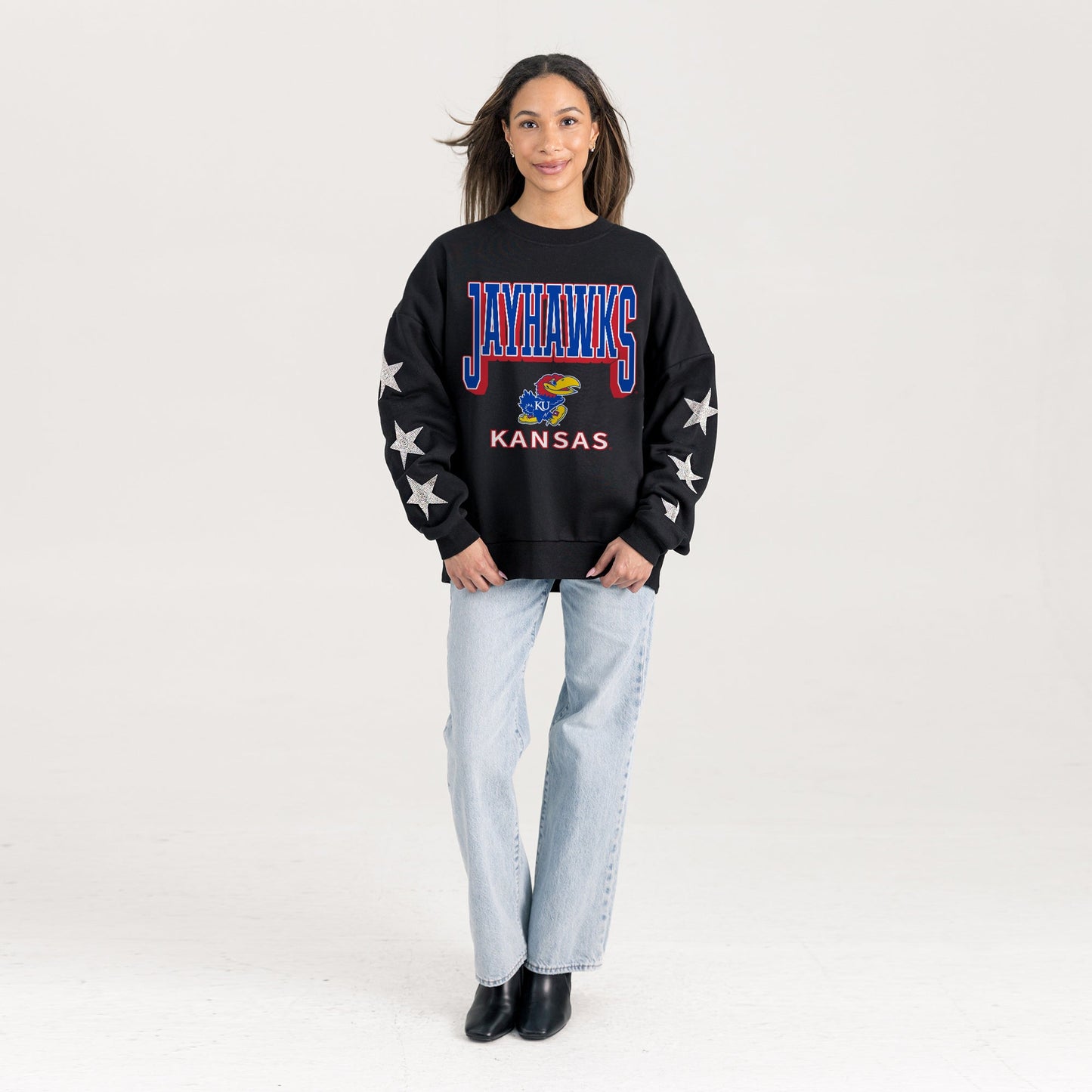 KANSAS JAYHAWKS PURE VICTORY EMBELLISHED STAR SLEEVE CREWNECK PULLOVER