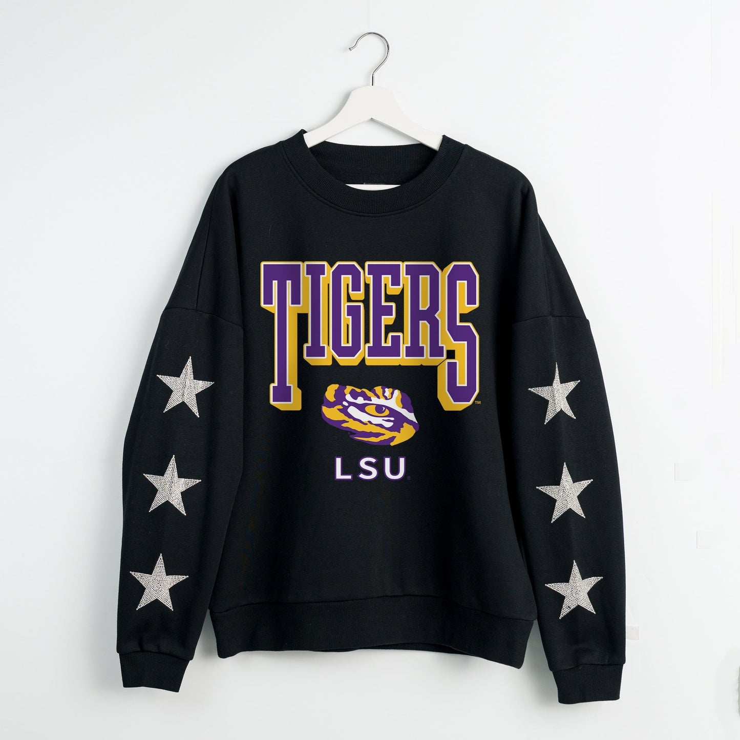 LSU TIGERS PURE VICTORY EMBELLISHED STAR SLEEVE CREWNECK PULLOVER