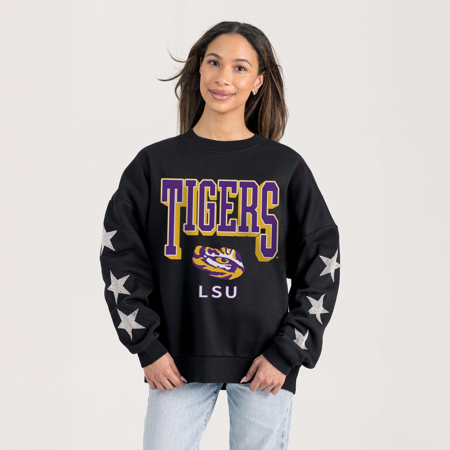 LSU TIGERS PURE VICTORY EMBELLISHED STAR SLEEVE CREWNECK PULLOVER