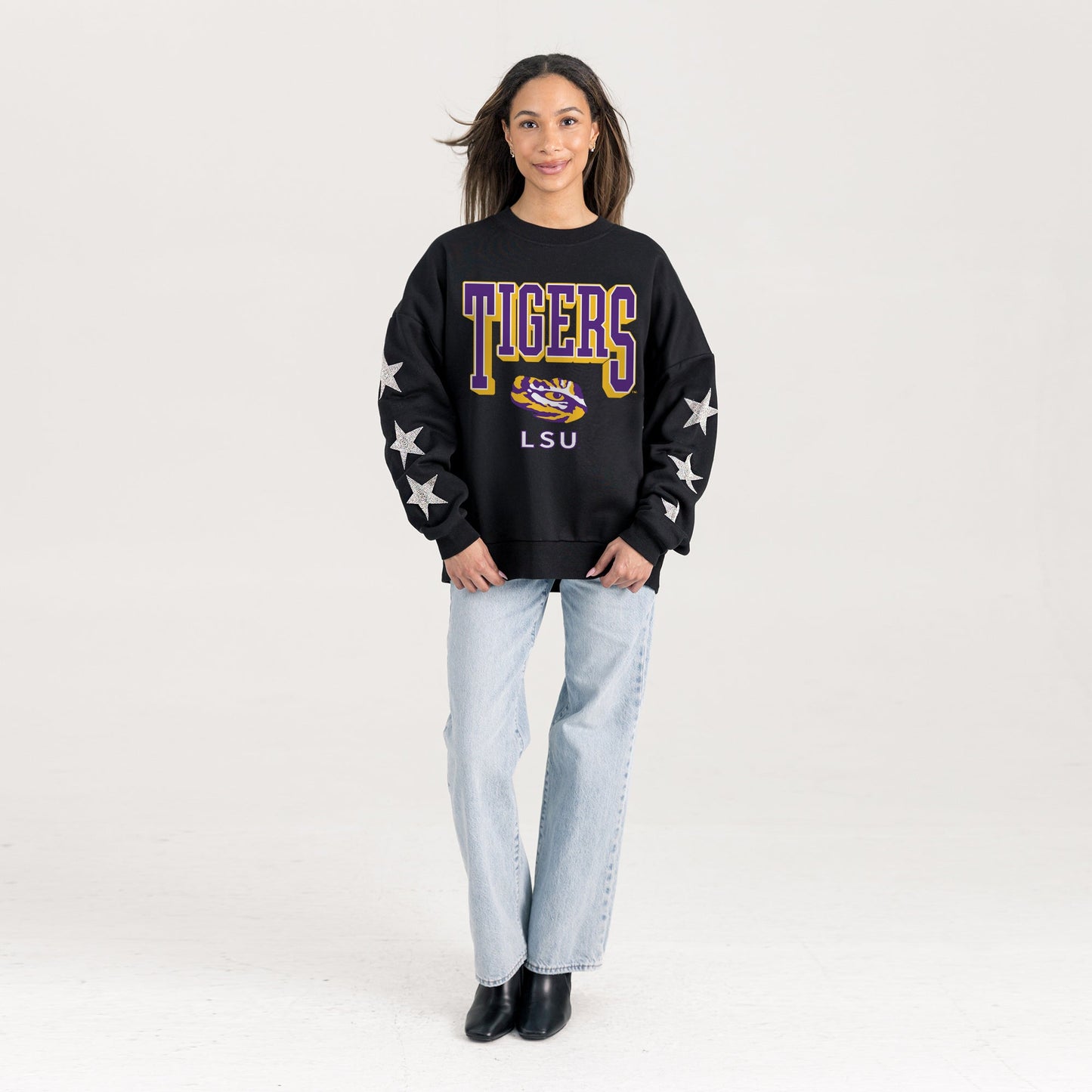 LSU TIGERS PURE VICTORY EMBELLISHED STAR SLEEVE CREWNECK PULLOVER
