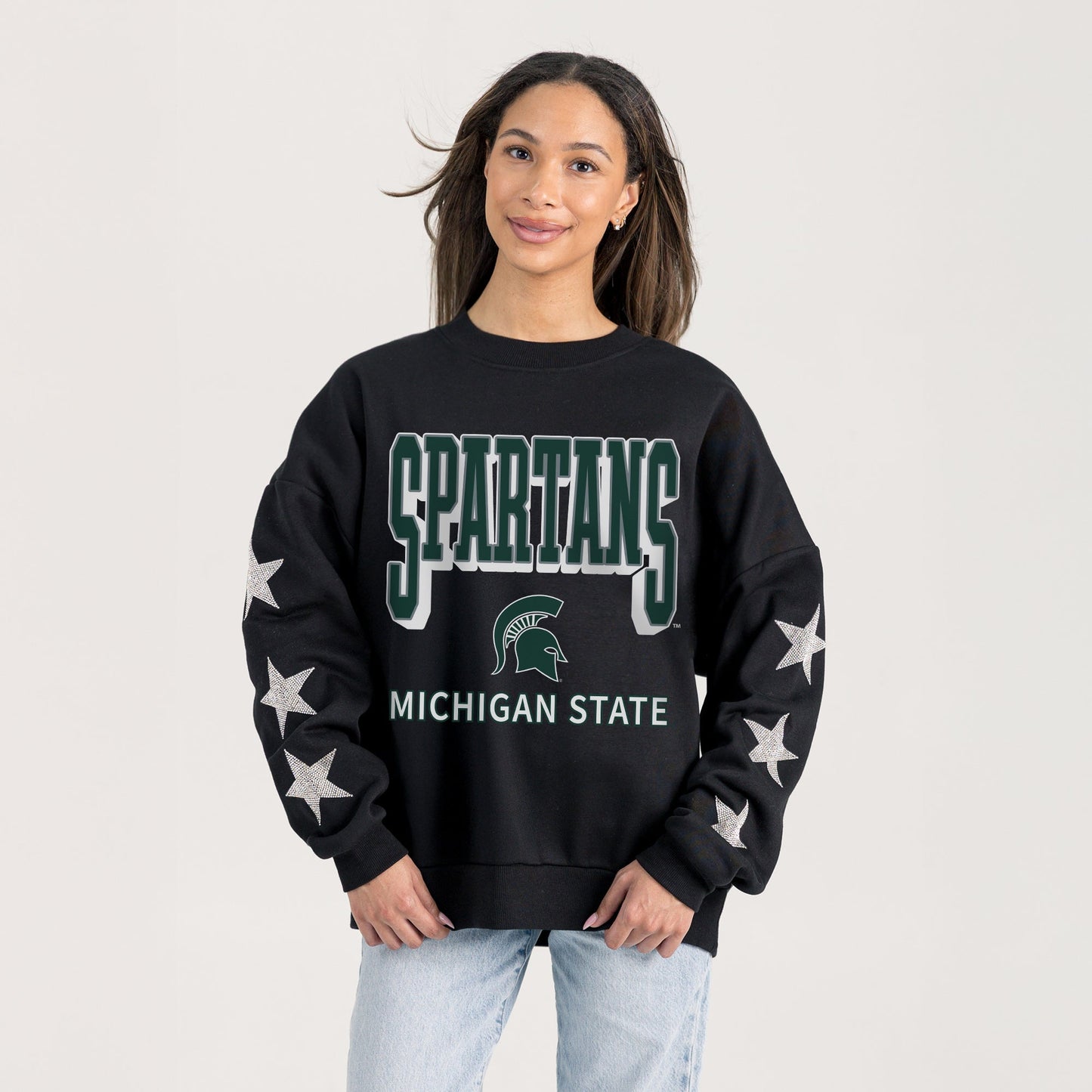 MICHIGAN STATE SPARTANS PURE VICTORY EMBELLISHED STAR SLEEVE CREWNECK PULLOVER