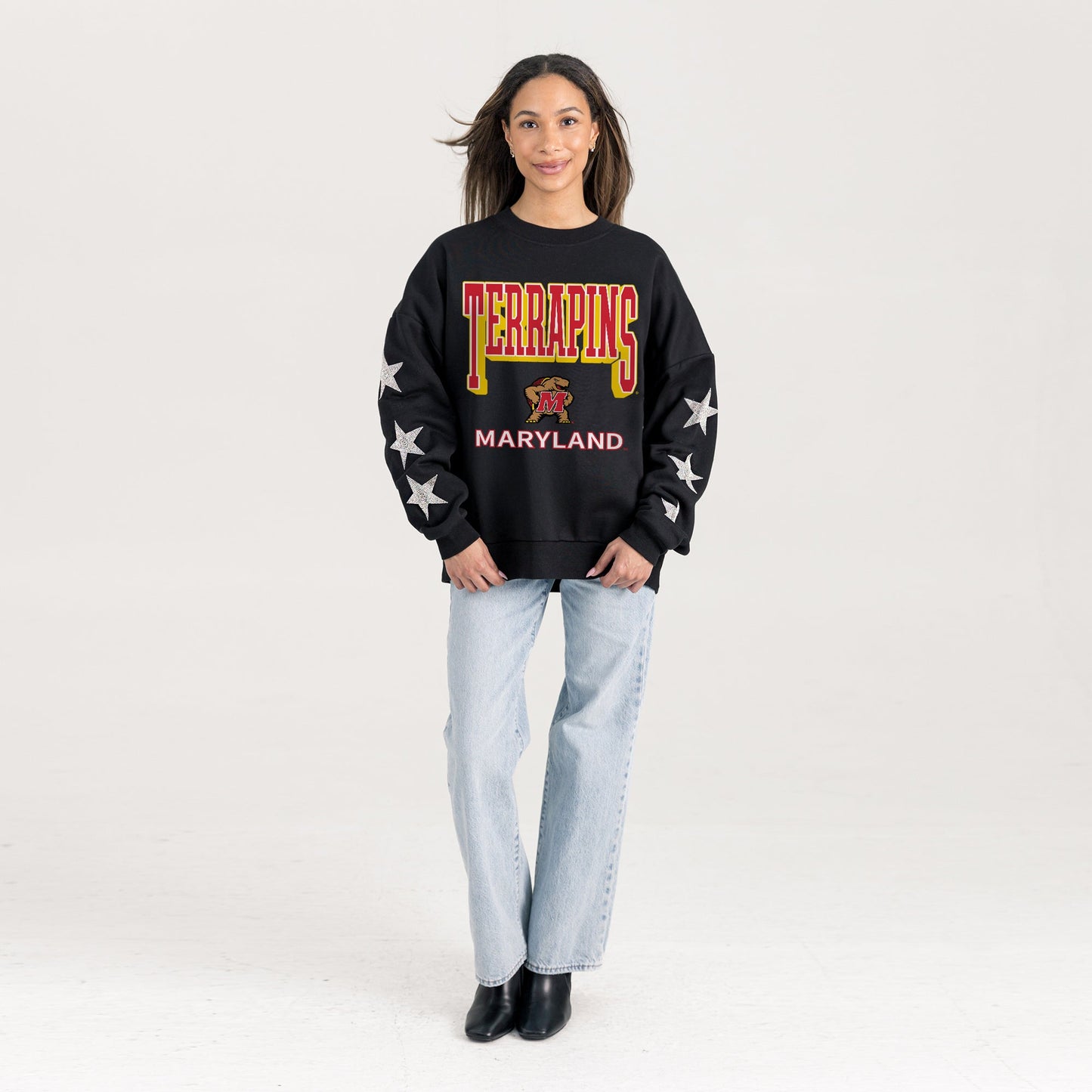 MARYLAND TERRAPINS PURE VICTORY EMBELLISHED STAR SLEEVE CREWNECK PULLOVER