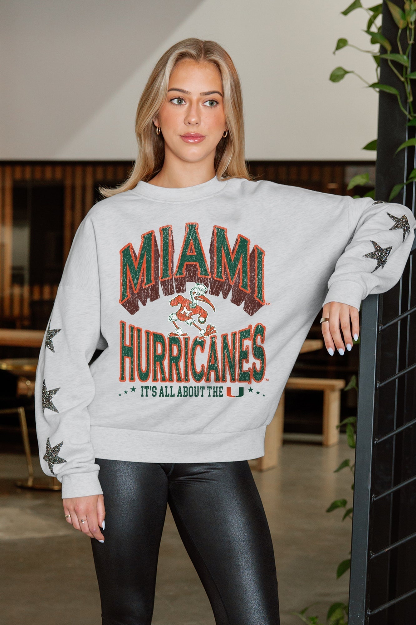 MIAMI HURRICANES RESILIENCE STAR EMBELLISHED CREW SWEATSHIRT