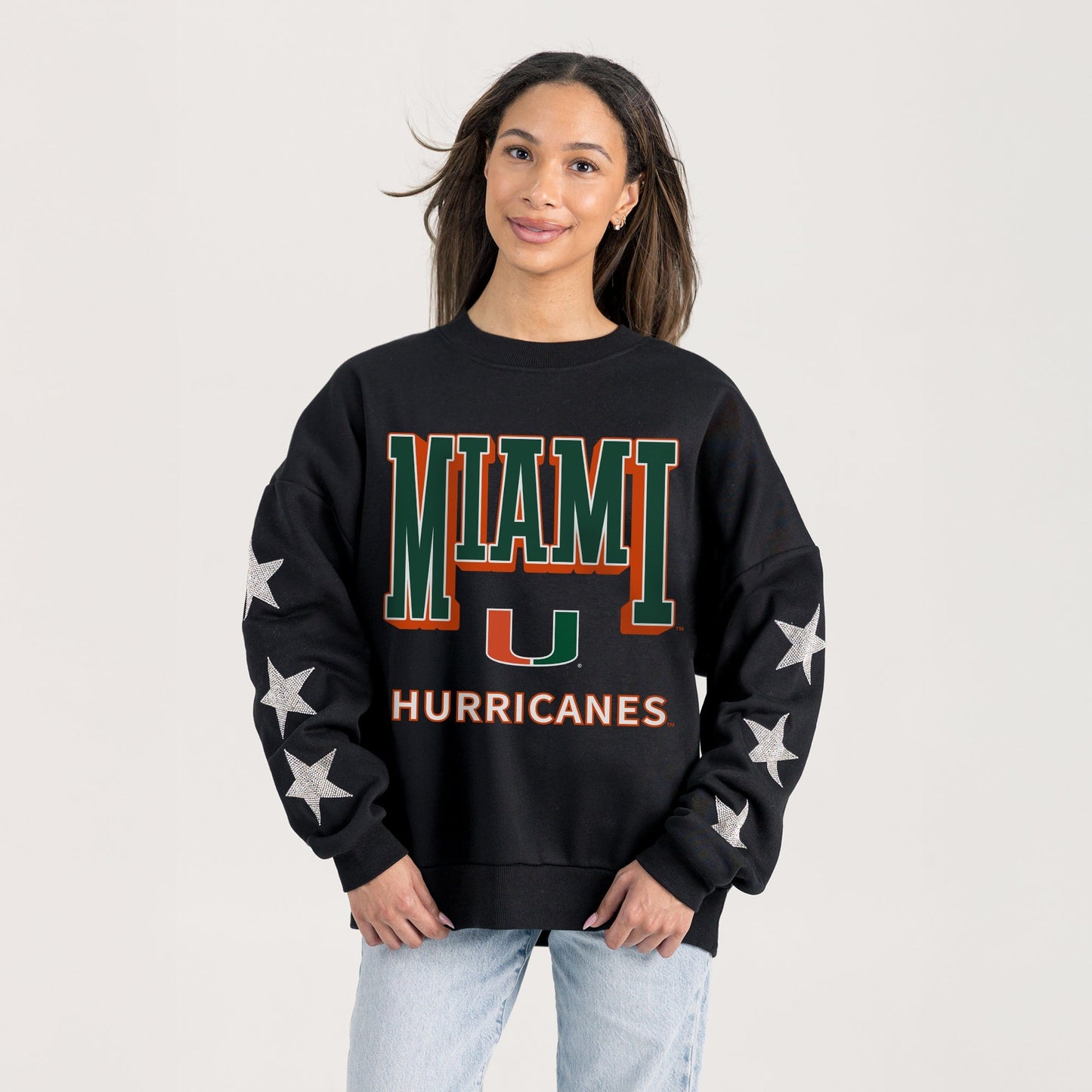 MIAMI HURRICANES PURE VICTORY EMBELLISHED STAR SLEEVE CREWNECK PULLOVER