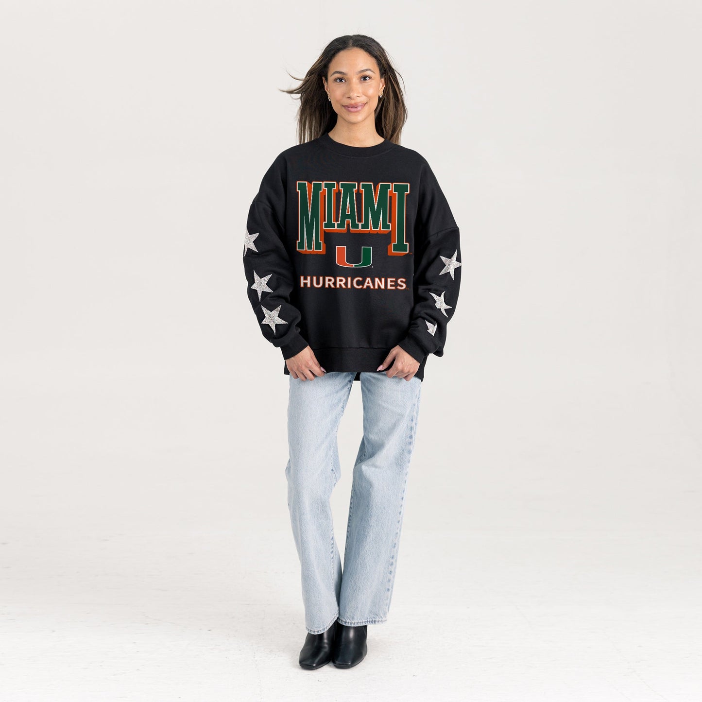 MIAMI HURRICANES PURE VICTORY EMBELLISHED STAR SLEEVE CREWNECK PULLOVER