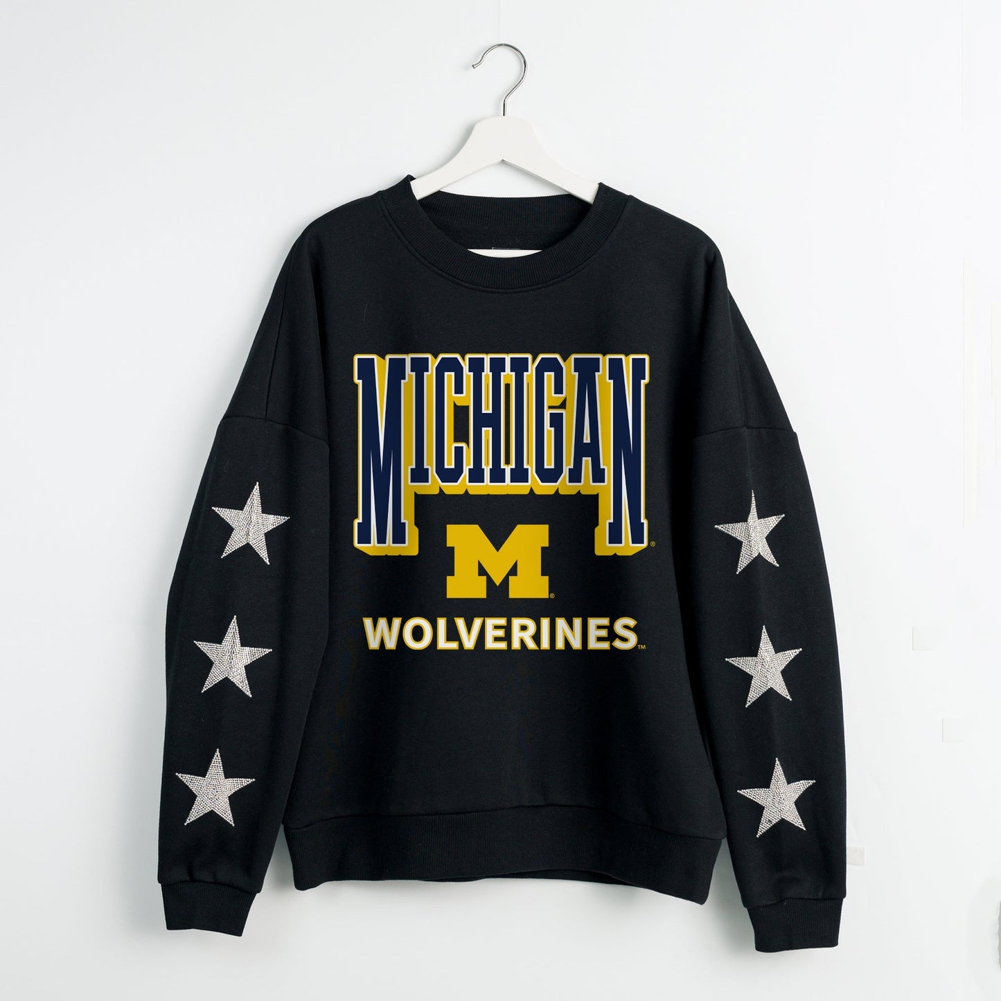 MICHIGAN WOLVERINES PURE VICTORY EMBELLISHED STAR SLEEVE CREWNECK PULLOVER