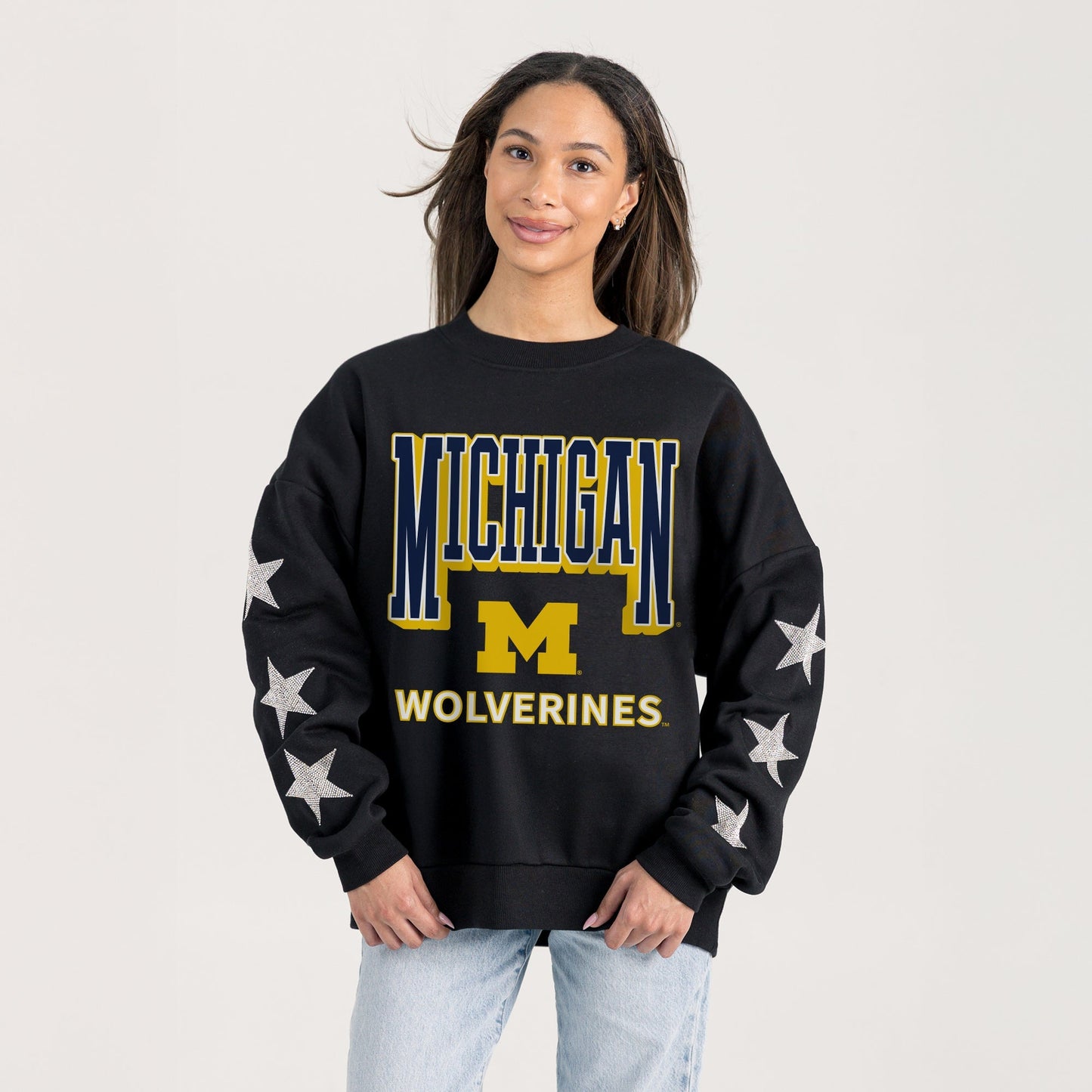 MICHIGAN WOLVERINES PURE VICTORY EMBELLISHED STAR SLEEVE CREWNECK PULLOVER