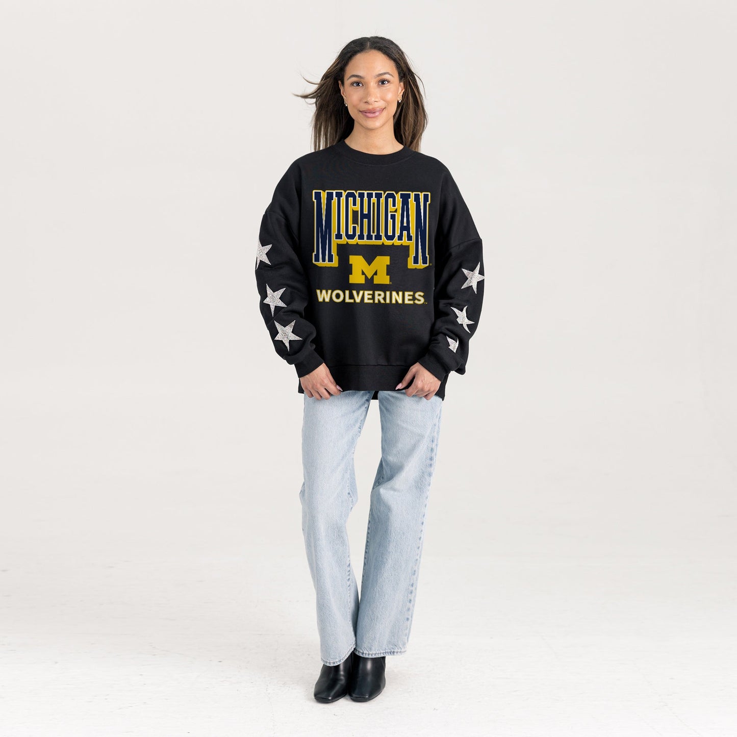 MICHIGAN WOLVERINES PURE VICTORY EMBELLISHED STAR SLEEVE CREWNECK PULLOVER