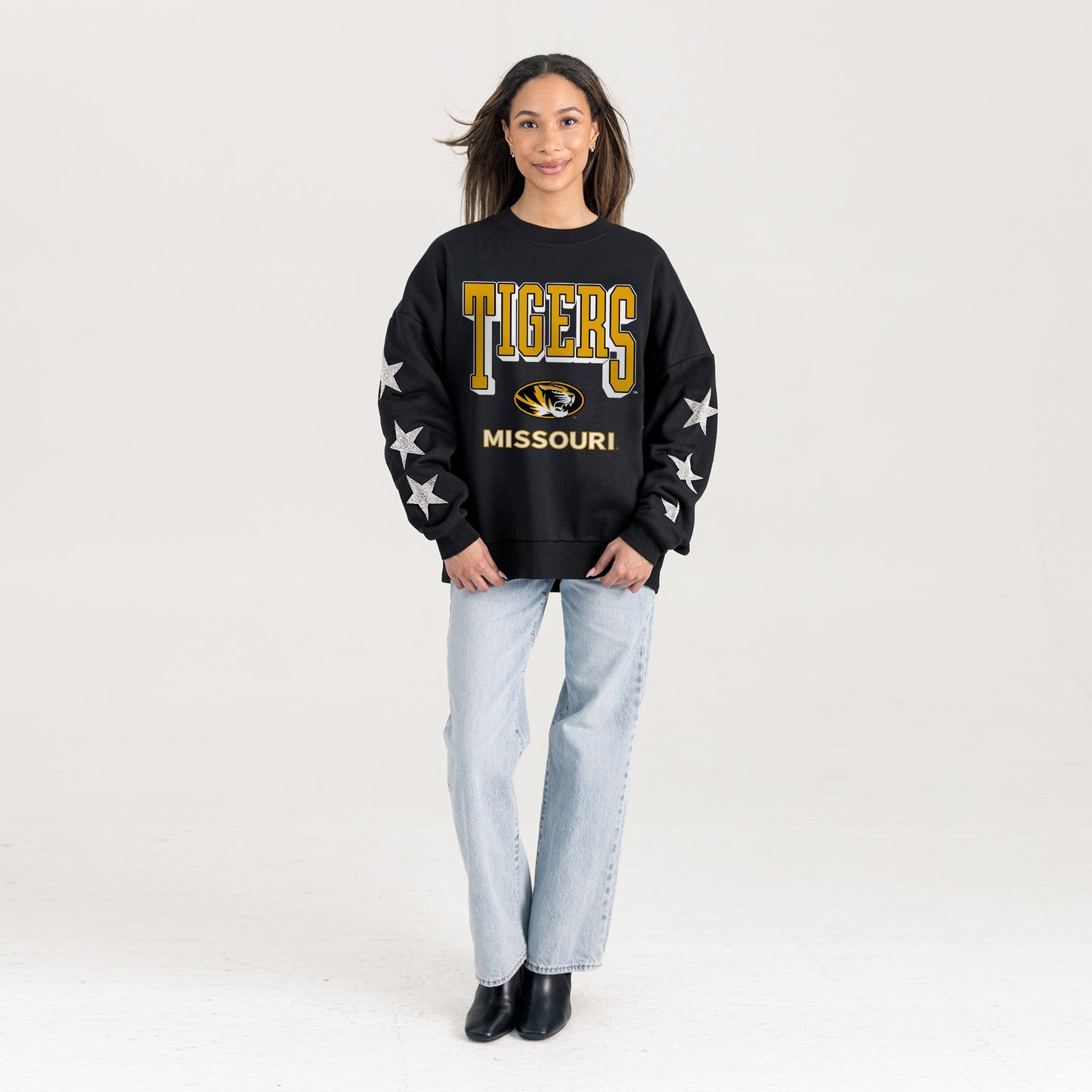 MISSOURI TIGERS PURE VICTORY EMBELLISHED STAR SLEEVE CREWNECK PULLOVER