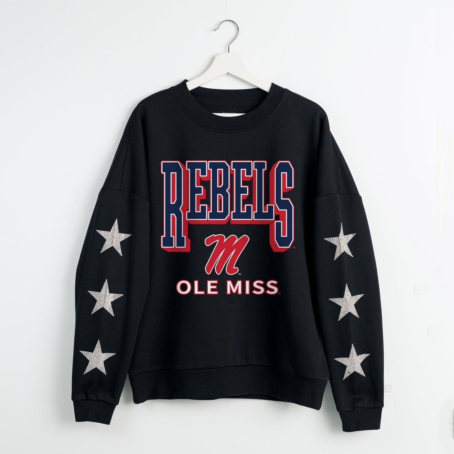 OLE MISS REBELS PURE VICTORY EMBELLISHED STAR SLEEVE CREWNECK PULLOVER