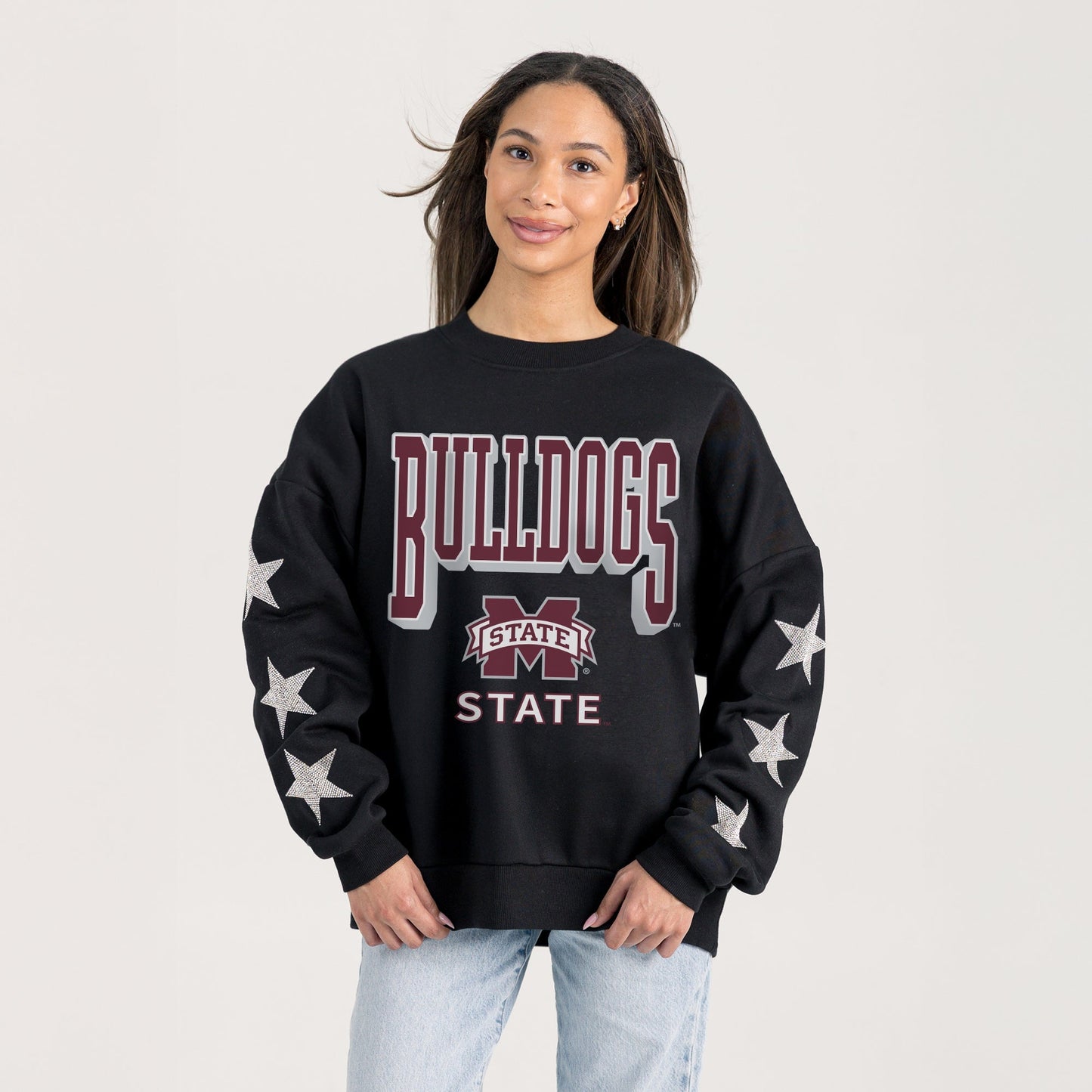 MISSISSIPPI STATE BULLDOGS PURE VICTORY EMBELLISHED STAR SLEEVE CREWNECK PULLOVER