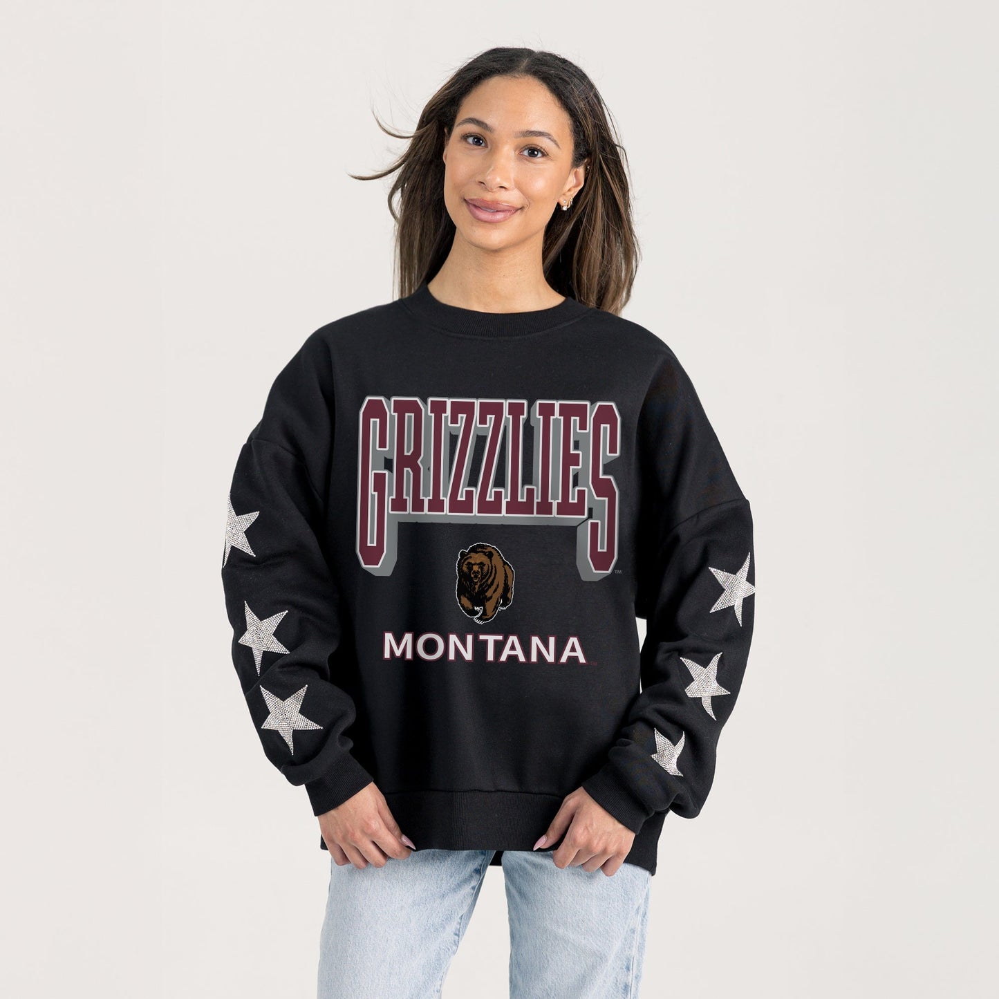 MONTANA GRIZZLIES PURE VICTORY EMBELLISHED STAR SLEEVE CREWNECK PULLOVER
