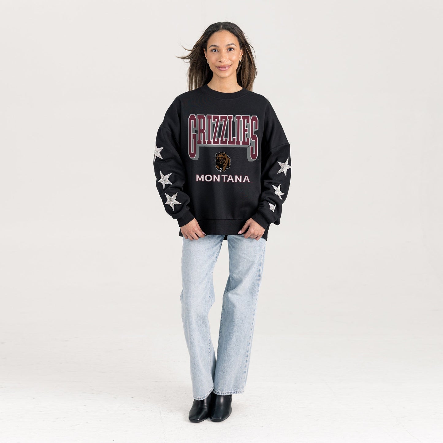 MONTANA GRIZZLIES PURE VICTORY EMBELLISHED STAR SLEEVE CREWNECK PULLOVER