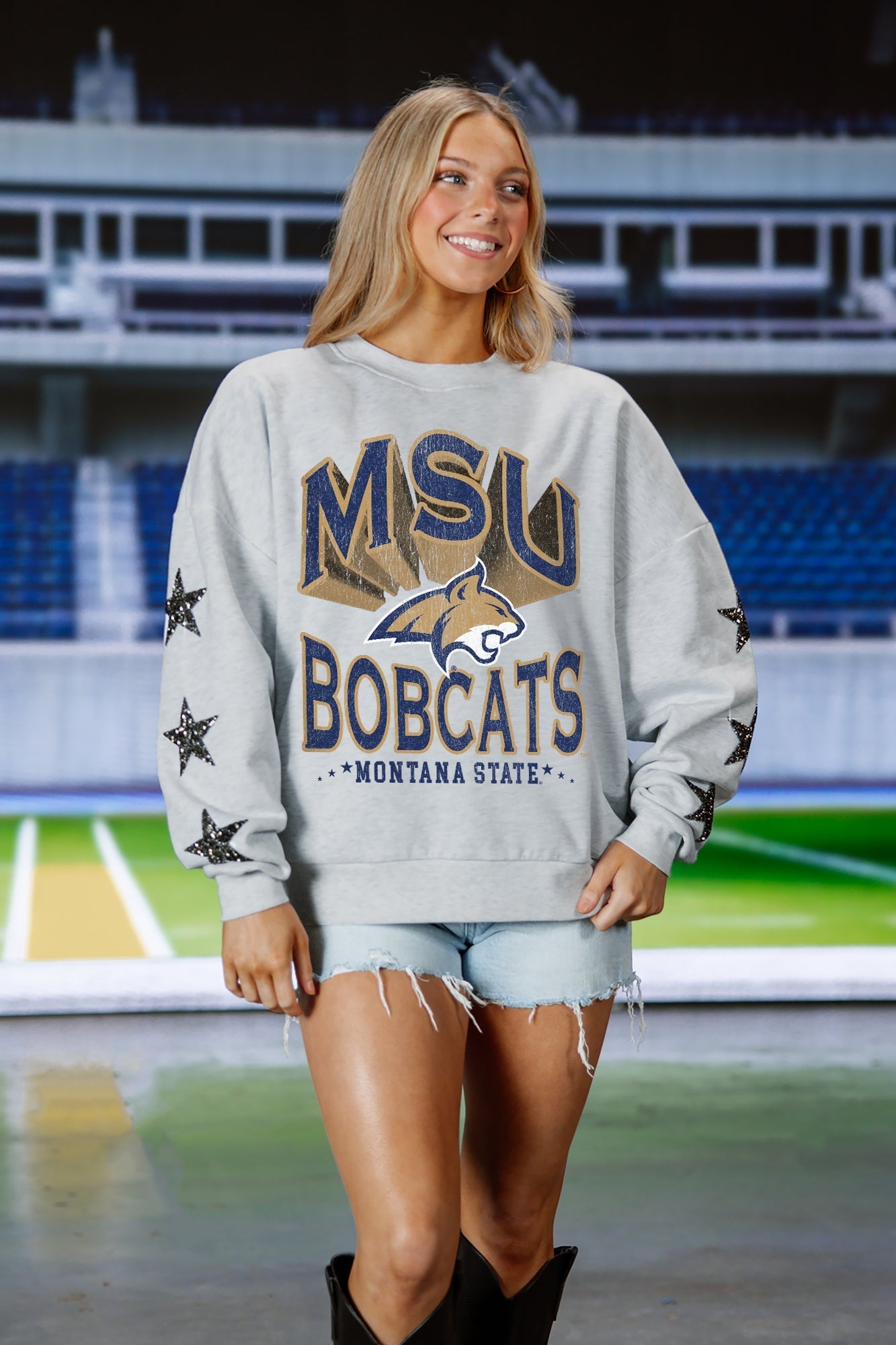 MONTANA STATE BOBCATS RESILIENCE STAR EMBELLISHED CREW SWEATSHIRT