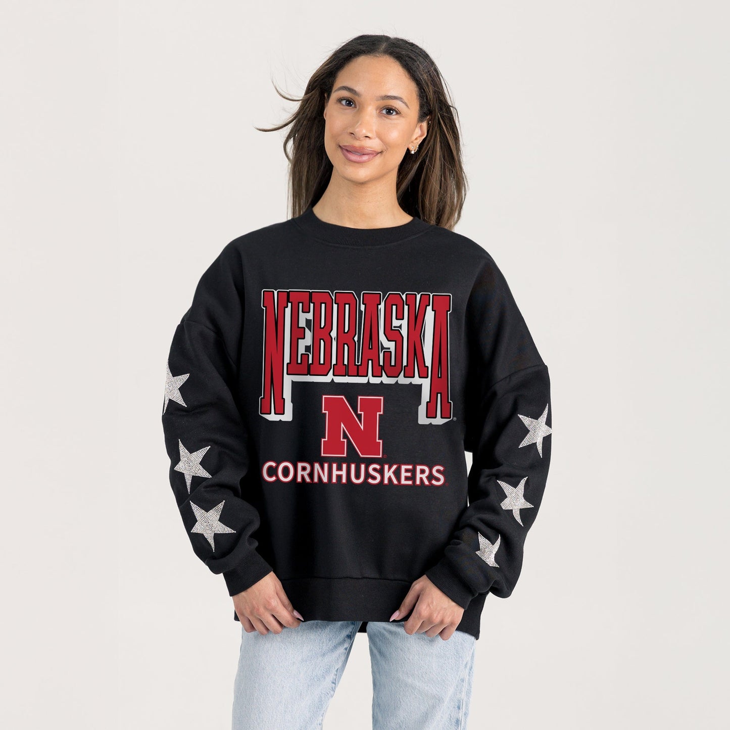 NEBRASKA CORNHUSKERS PURE VICTORY EMBELLISHED STAR SLEEVE CREWNECK PULLOVER