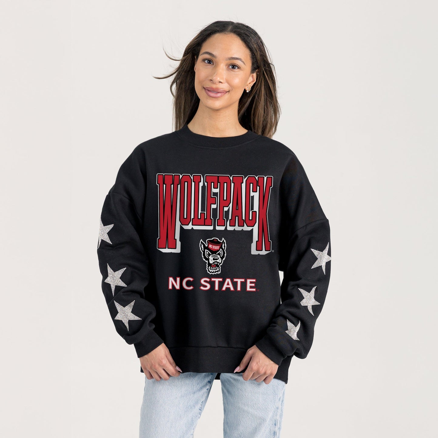 NORTH CAROLINA STATE WOLFPACK PURE VICTORY EMBELLISHED STAR SLEEVE CREWNECK PULLOVER