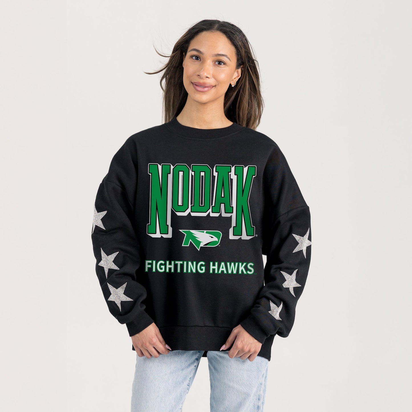 NORTH DAKOTA FIGHTING HAWKS PURE VICTORY EMBELLISHED STAR SLEEVE CREWNECK PULLOVER