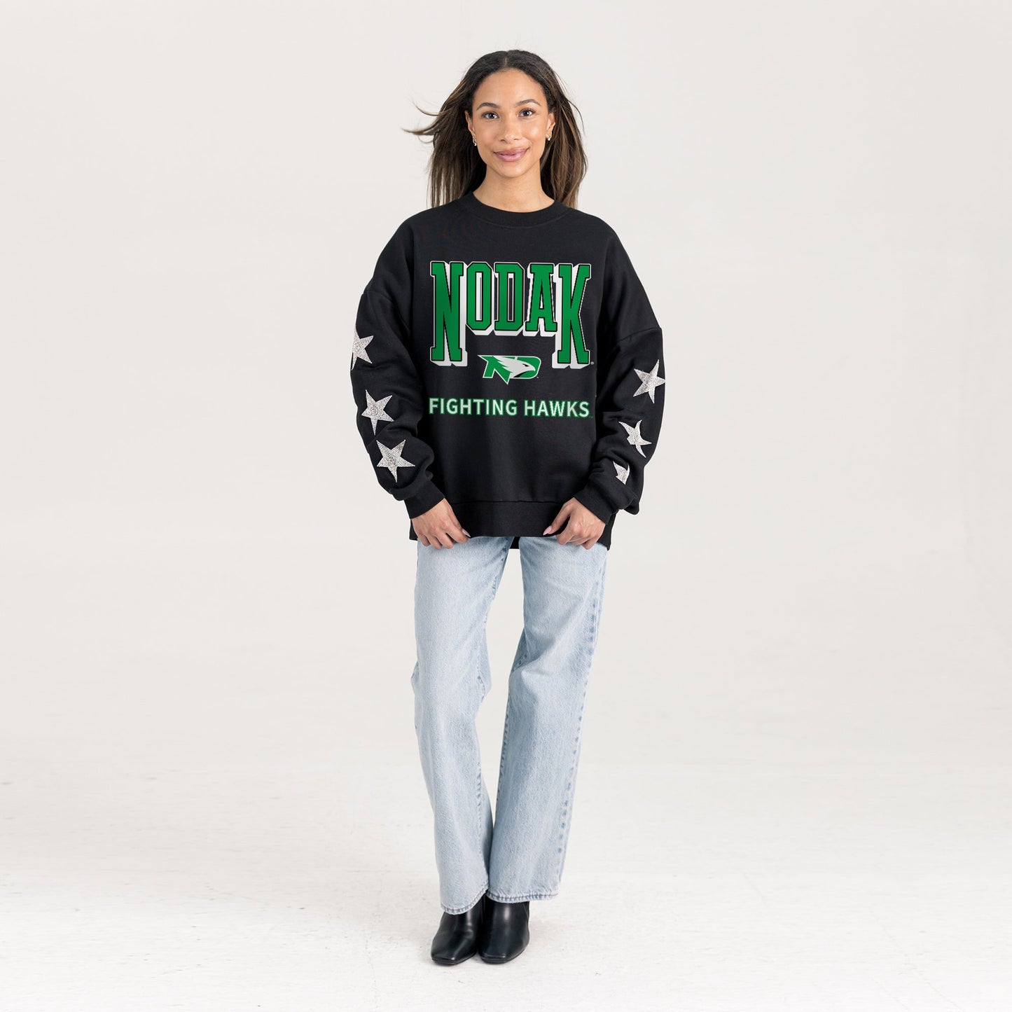 NORTH DAKOTA FIGHTING HAWKS PURE VICTORY EMBELLISHED STAR SLEEVE CREWNECK PULLOVER