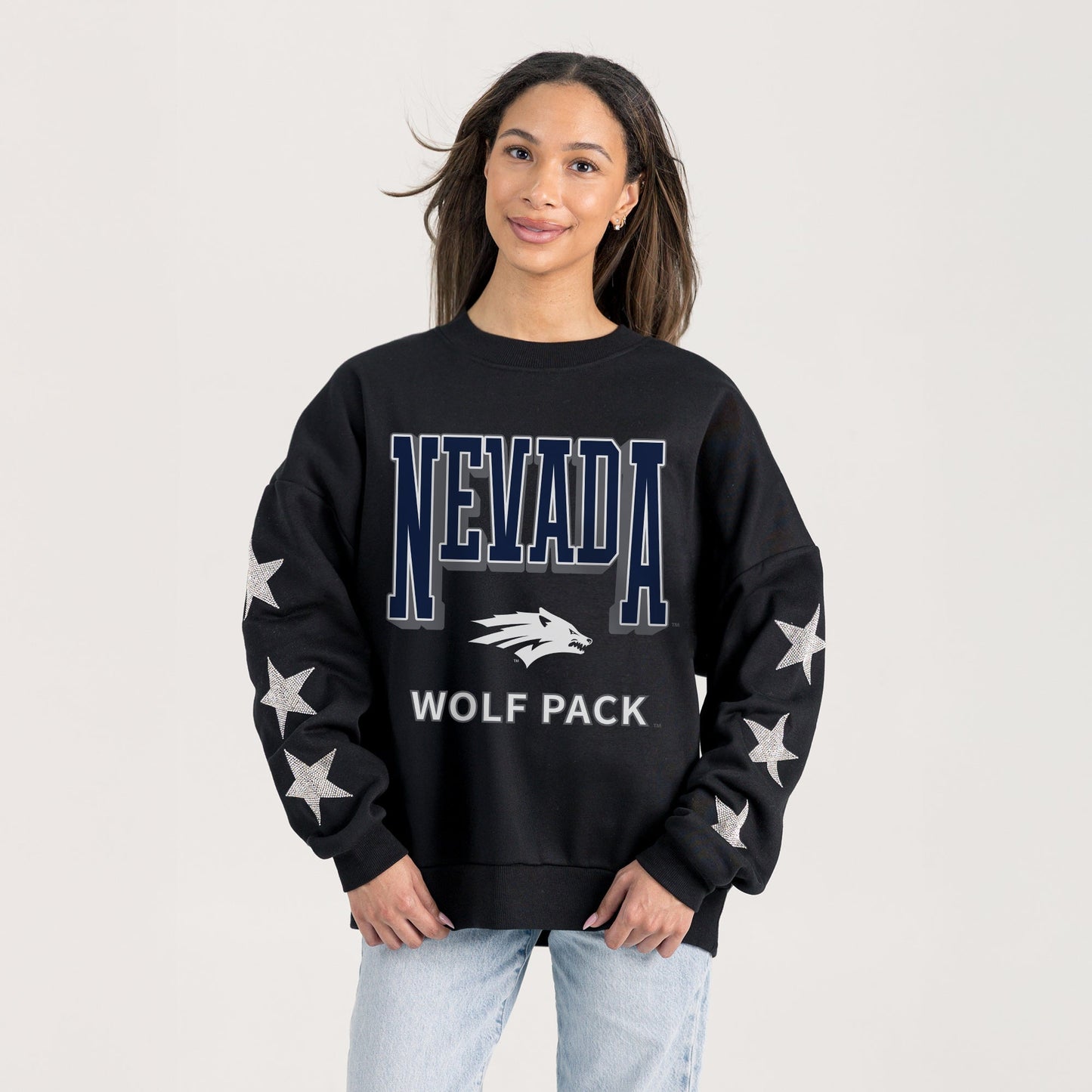 NEVADA WOLF PACK PURE VICTORY EMBELLISHED STAR SLEEVE CREWNECK PULLOVER