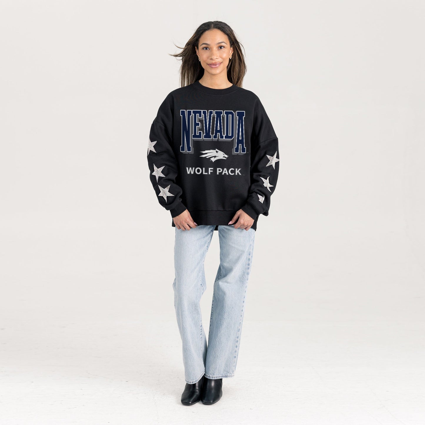 NEVADA WOLF PACK PURE VICTORY EMBELLISHED STAR SLEEVE CREWNECK PULLOVER