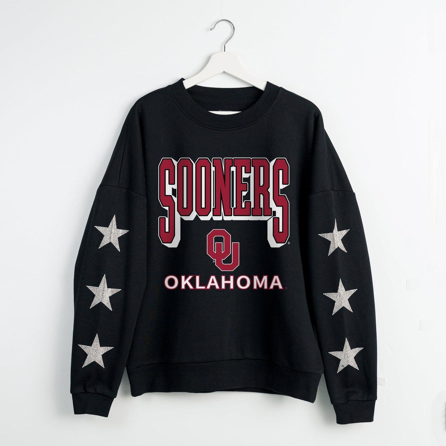 OKLAHOMA SOONERS PURE VICTORY EMBELLISHED STAR SLEEVE CREWNECK PULLOVER