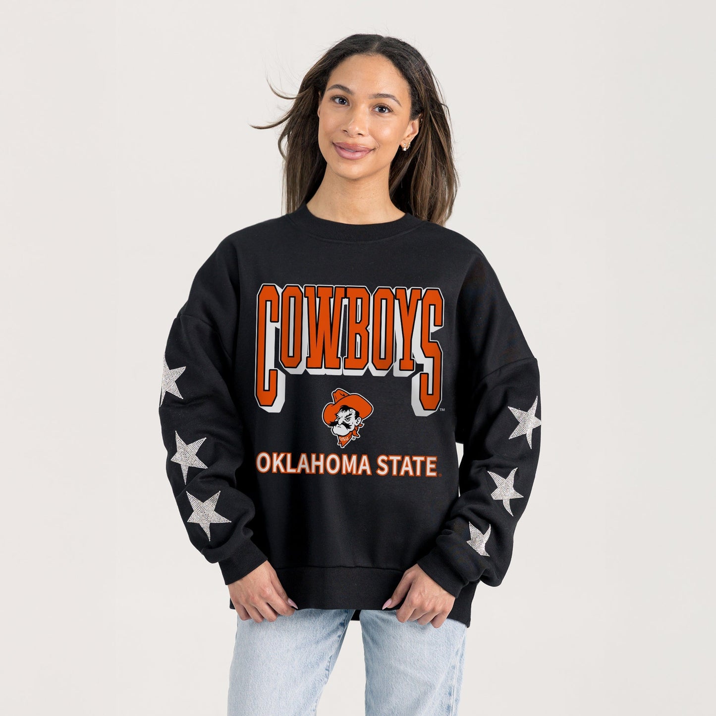 OKLAHOMA STATE COWBOYS PURE VICTORY EMBELLISHED STAR SLEEVE CREWNECK PULLOVER