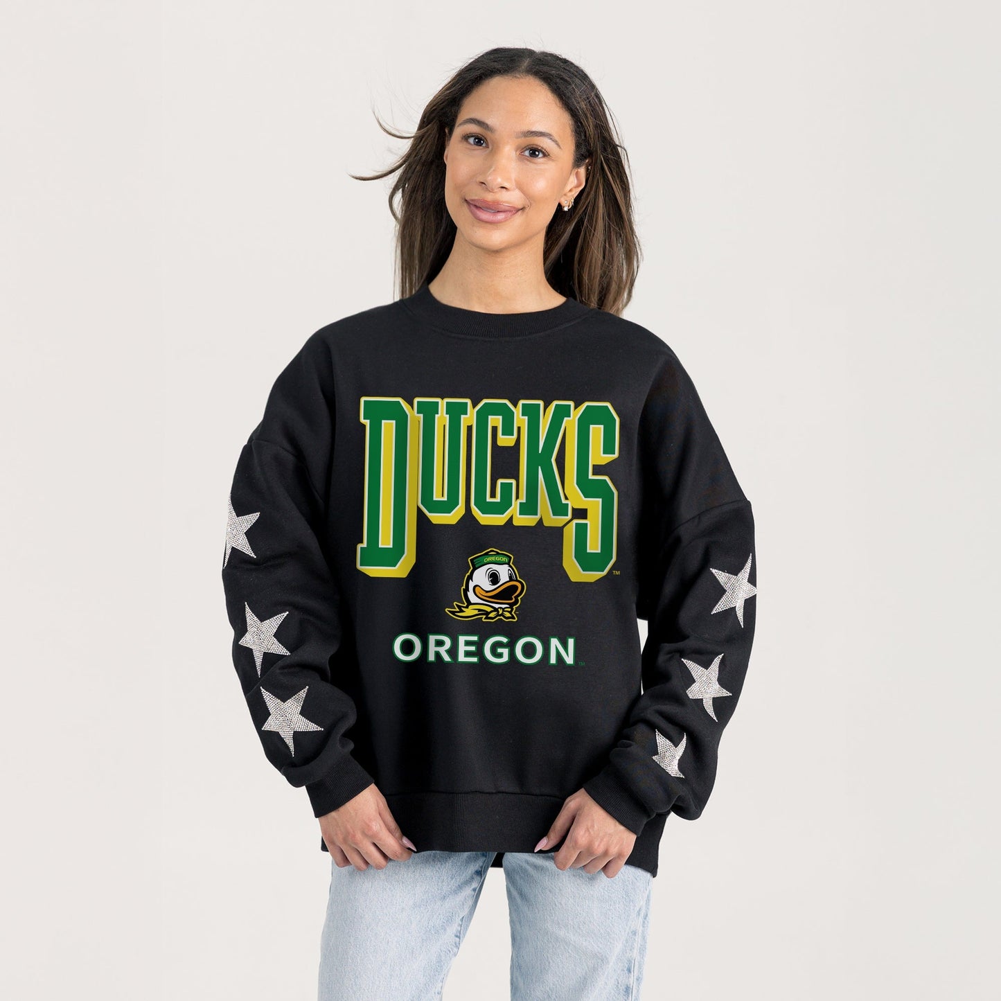 OREGON DUCKS PURE VICTORY EMBELLISHED STAR SLEEVE CREWNECK PULLOVER