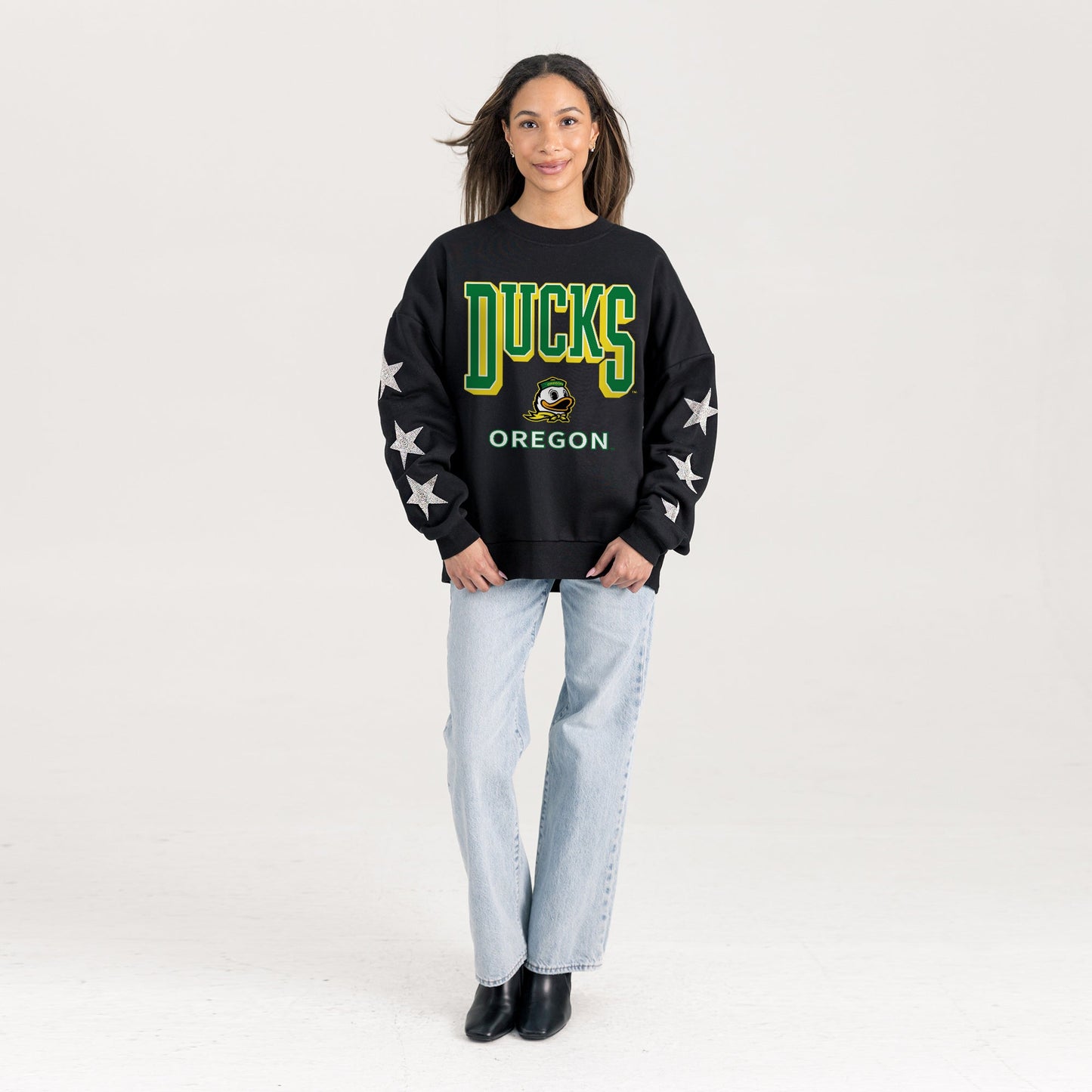 OREGON DUCKS PURE VICTORY EMBELLISHED STAR SLEEVE CREWNECK PULLOVER