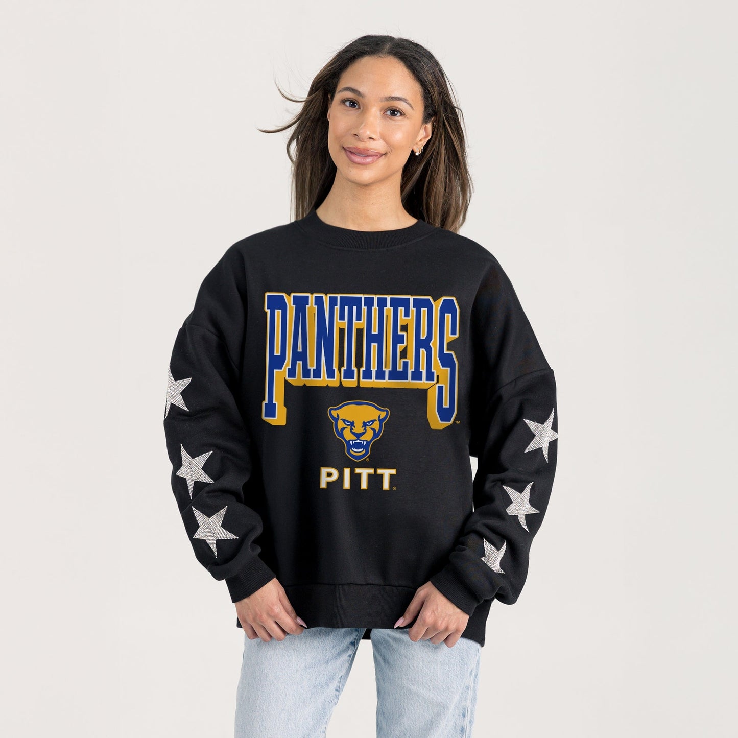 PITTSBURGH PANTHERS PURE VICTORY EMBELLISHED STAR SLEEVE CREWNECK PULLOVER