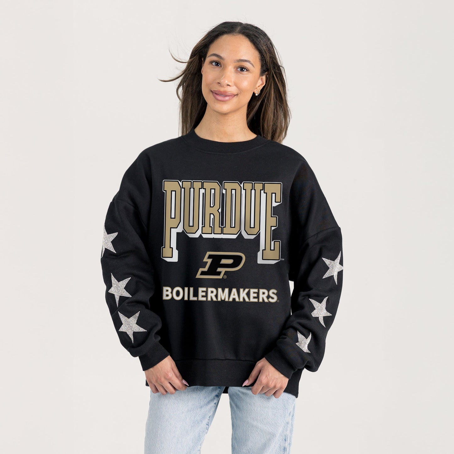 PURDUE BOILERMAKERS PURE VICTORY EMBELLISHED STAR SLEEVE CREWNECK PULLOVER