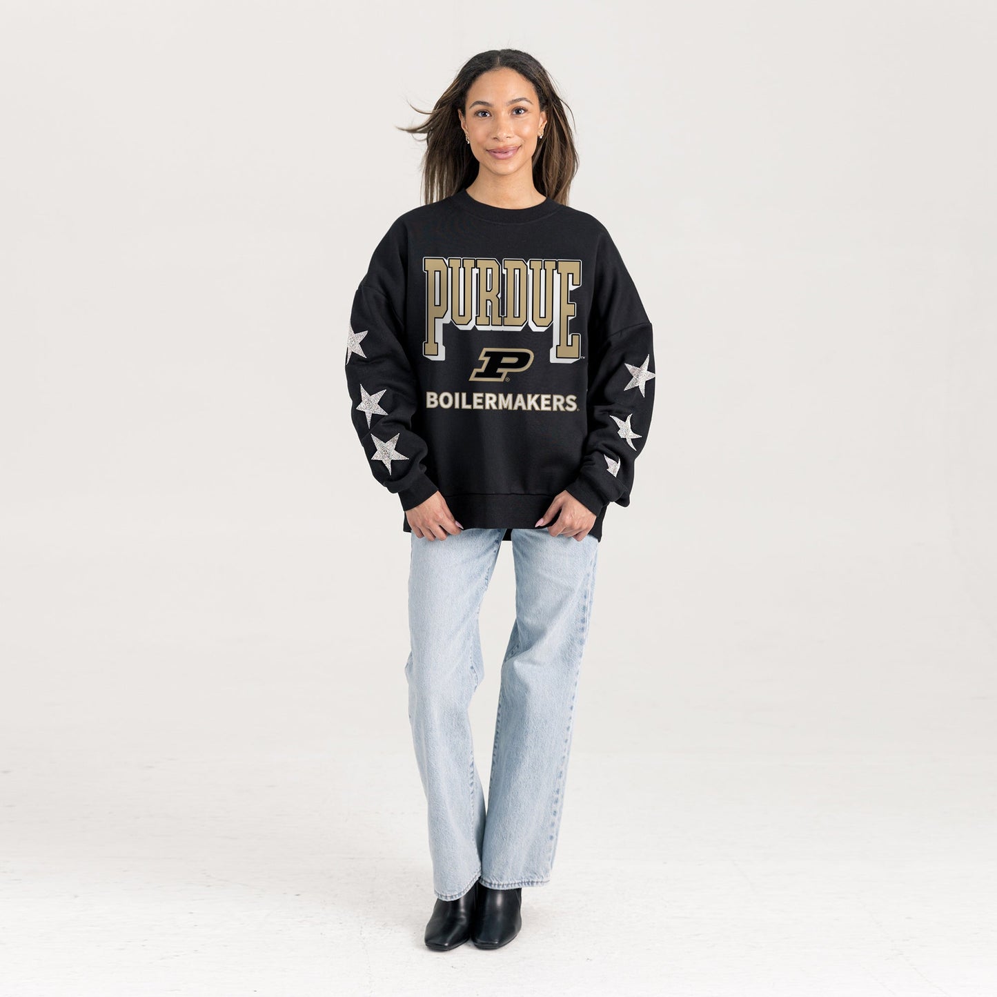 PURDUE BOILERMAKERS PURE VICTORY EMBELLISHED STAR SLEEVE CREWNECK PULLOVER